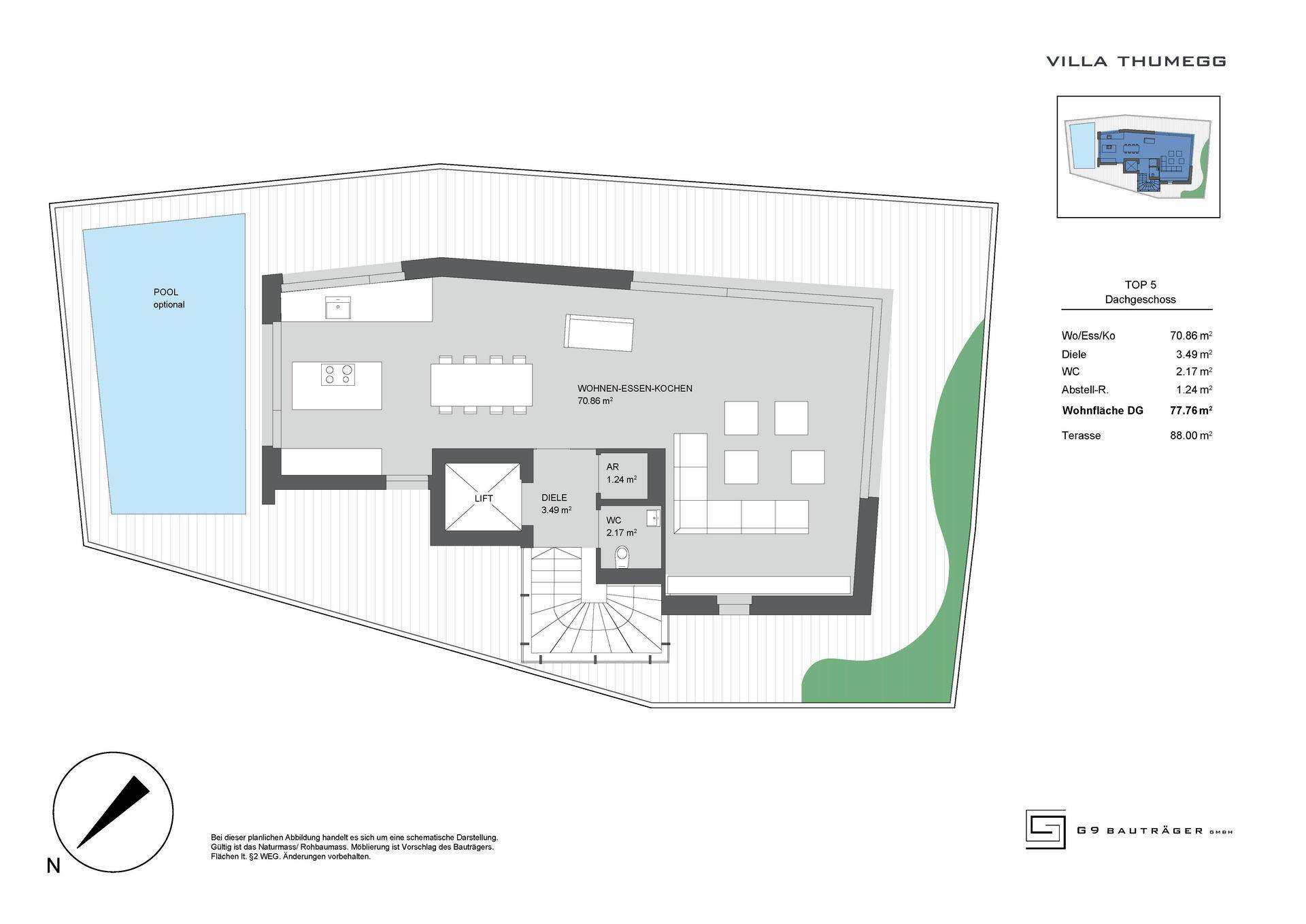 Grundriss des Dachgeschosses mit offenem Wohn-Essbereich, Küche, Lift und privatem Pool auf der Terrasse.