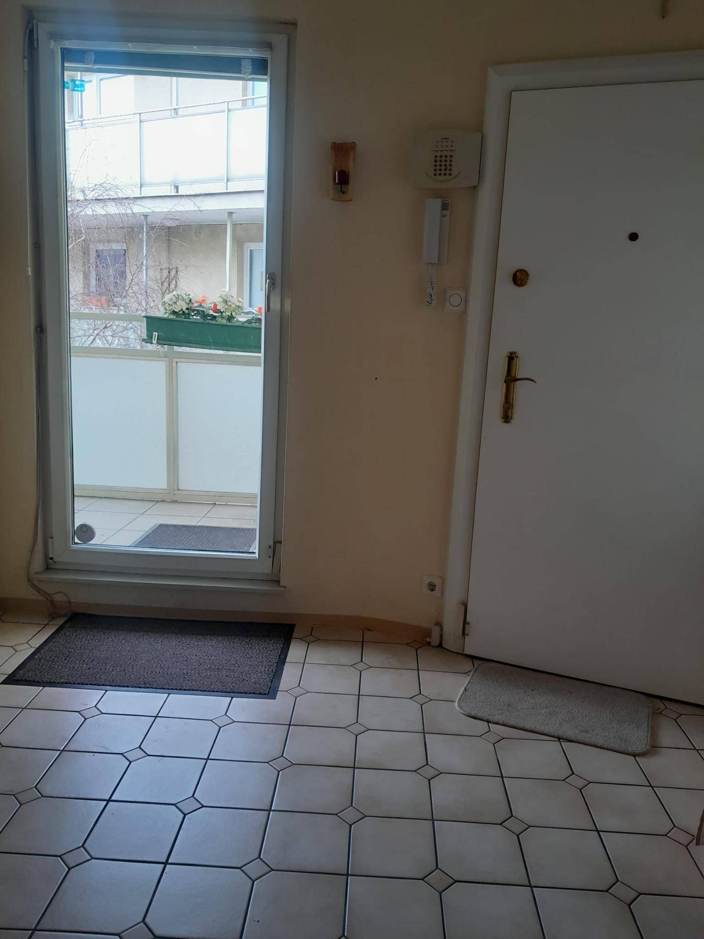 Eingangsbereich mit Fliesenboden und Zugang zu einem kleinen Balkon, sowie der Wohnungstür.