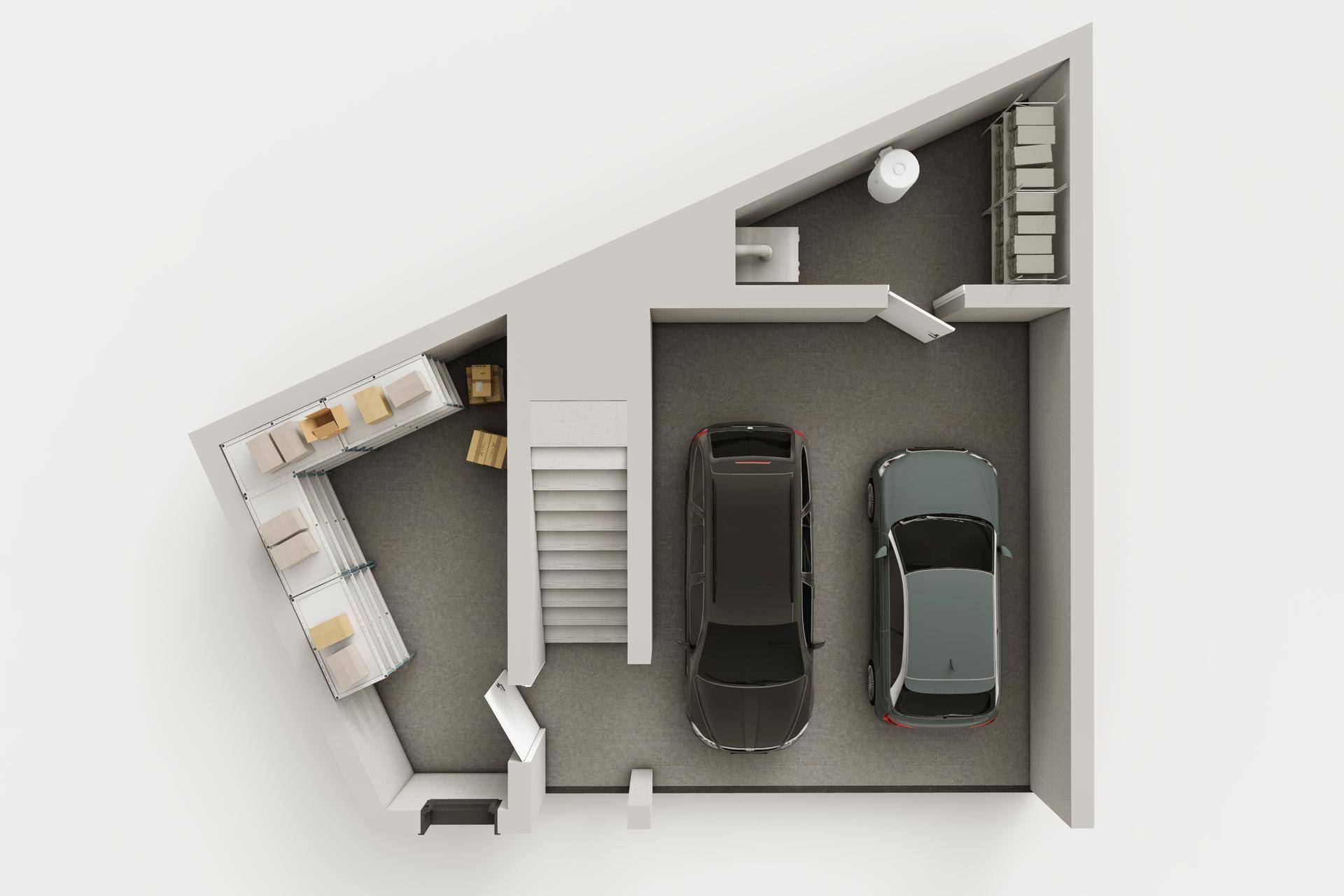 3D-Grundriss des Kellergeschosses von Haus 3 mit zwei Parkplätzen und Abstellraum.