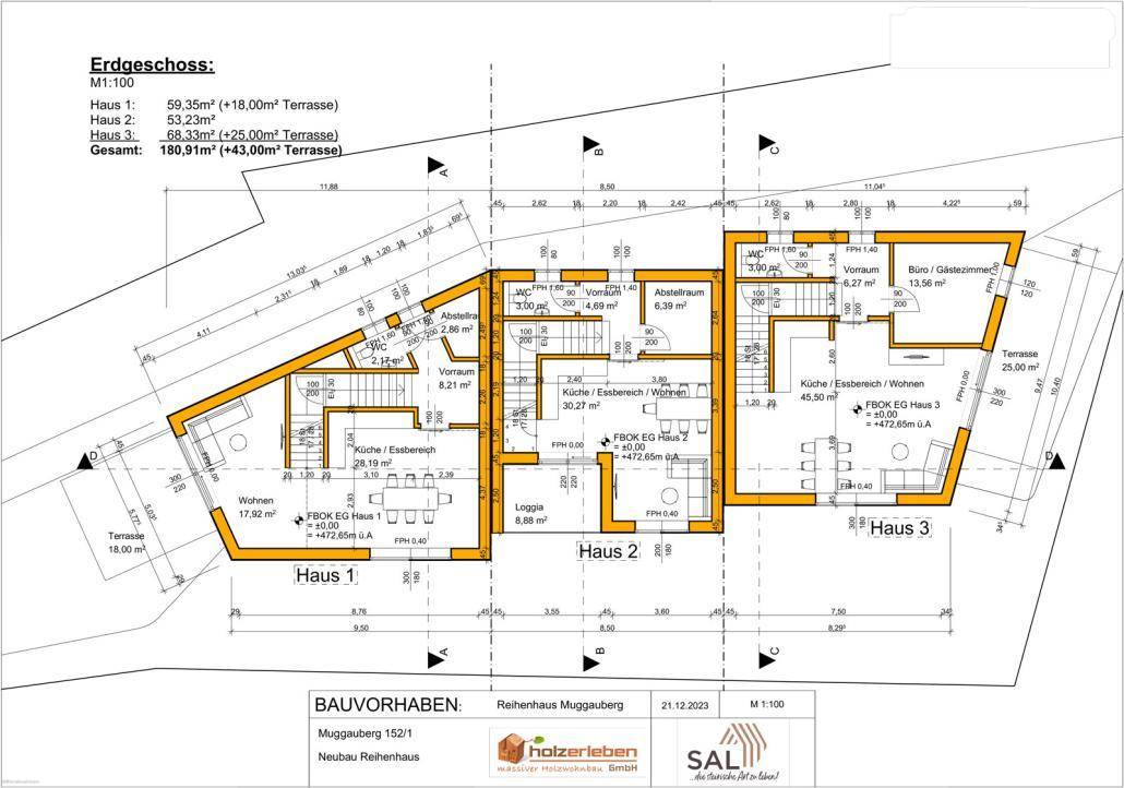 Grundriss des Erdgeschosses mit Wohn-Essbereich, Küche und Terrasse für Reihenhaus 1, 2 und 3.