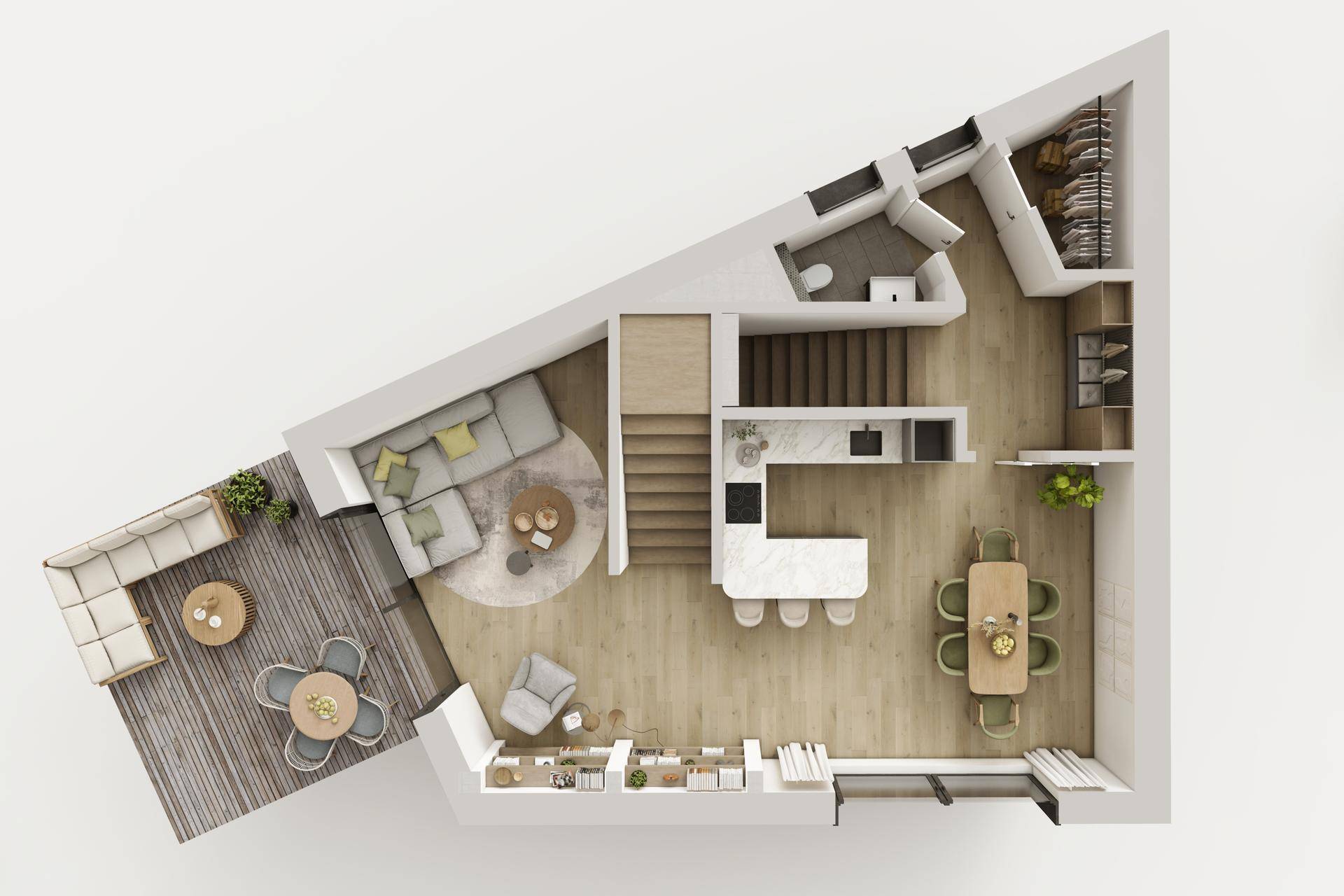 3D-Grundriss des Erdgeschosses von Haus 3 mit offenem Wohnbereich, Küche und Terrasse.
