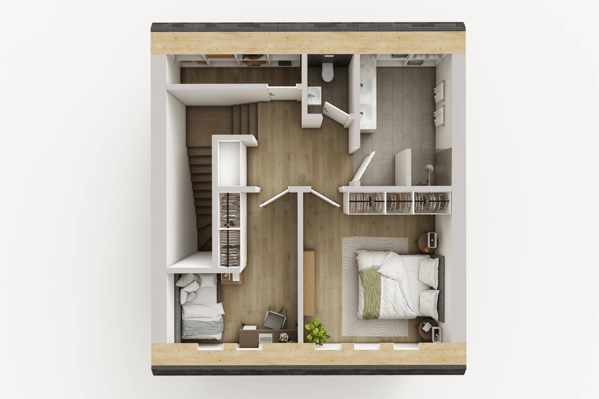 3D-Grundriss des Obergeschosses mit Schlafzimmer, Kinderzimmer, Bad und Ankleidebereich.