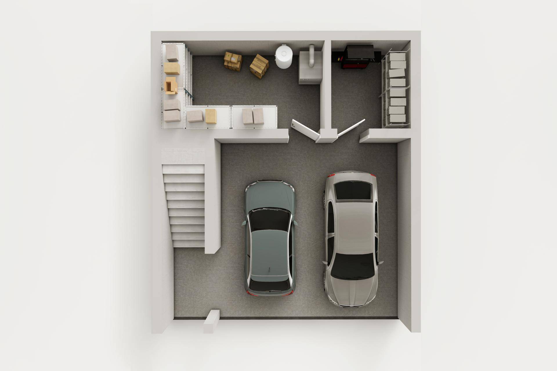 3D-Grundriss des Kellergeschosses mit zwei Parkplätzen, Abstellraum und WC.