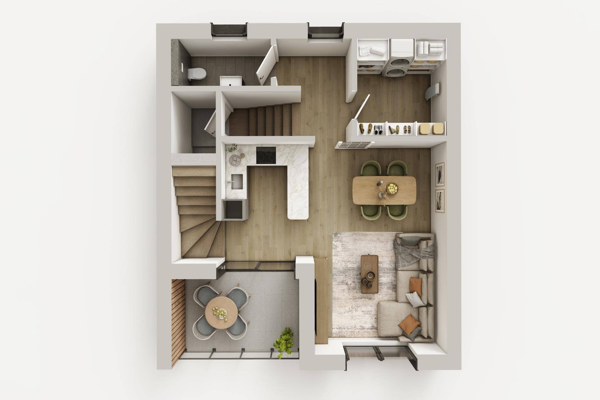 3D-Grundriss des Erdgeschosses mit offenem Wohn-Essbereich, Küche und Terrasse.