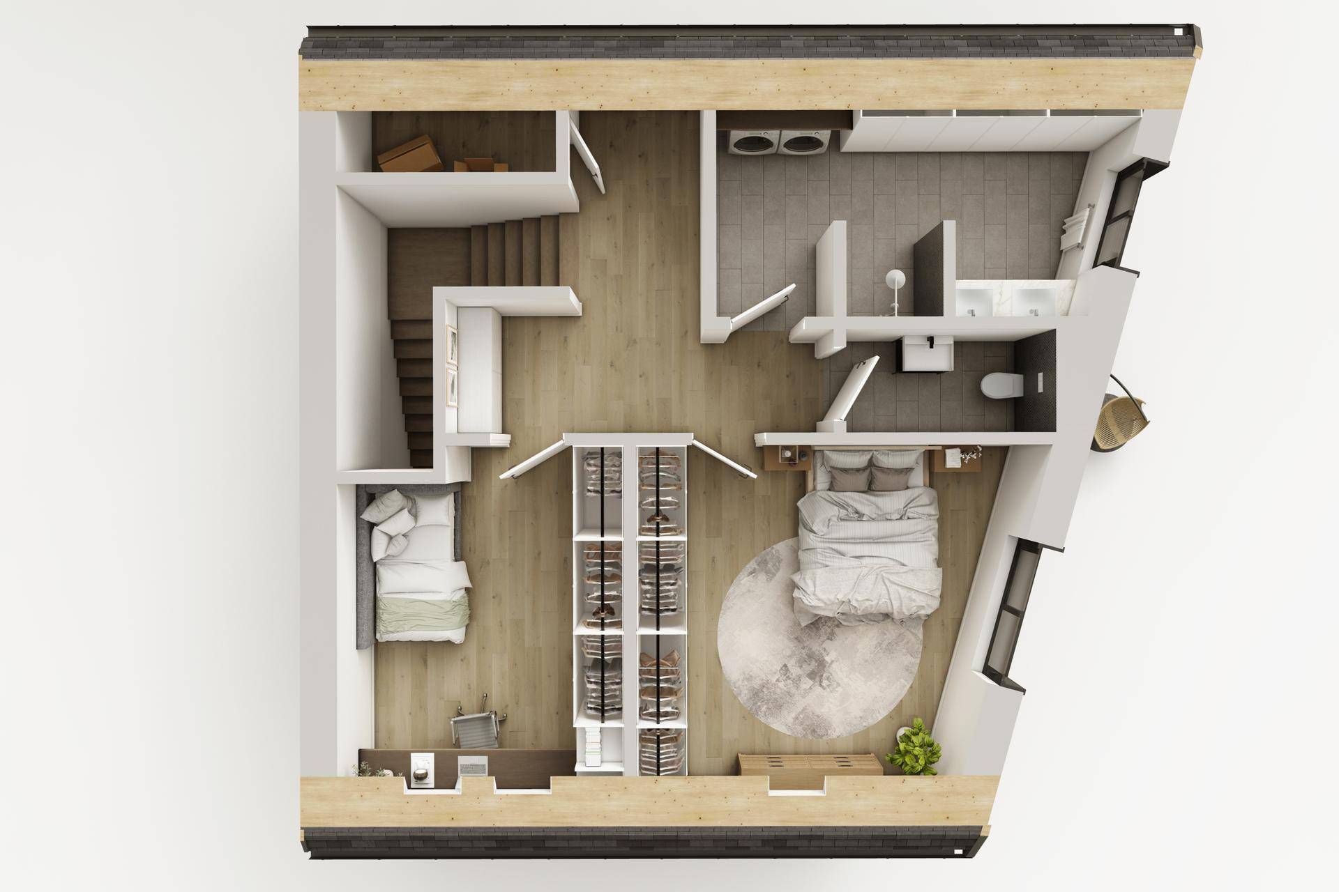 3D-Grundriss des Obergeschosses von Haus 1 mit Schlafzimmer, Bad und Ankleidebereich.