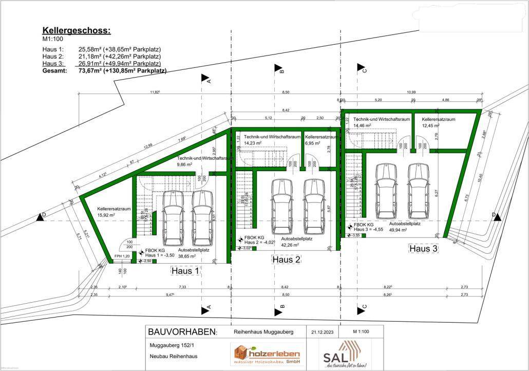 Grundriss des Kellergeschosses mit Tiefgaragenstellplätzen und Technikräumen für alle Reihenhäuser.
