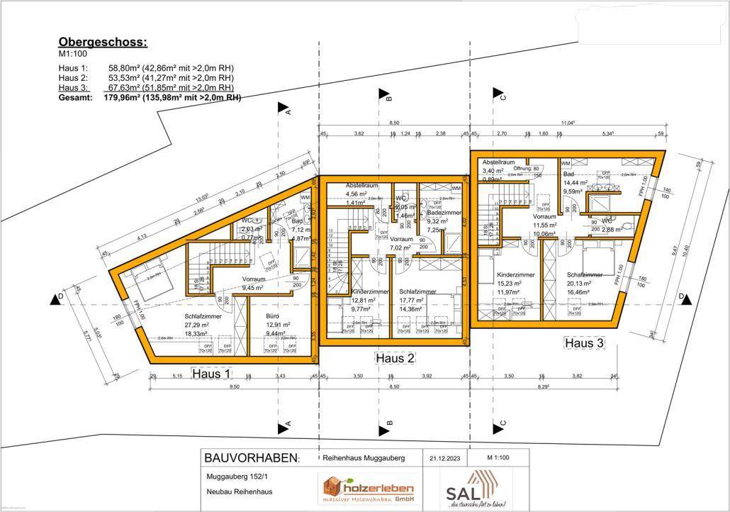 Grundriss des Obergeschosses mit drei Schlafzimmern und zwei Bädern für Reihenhaus 1, 2 und 3.