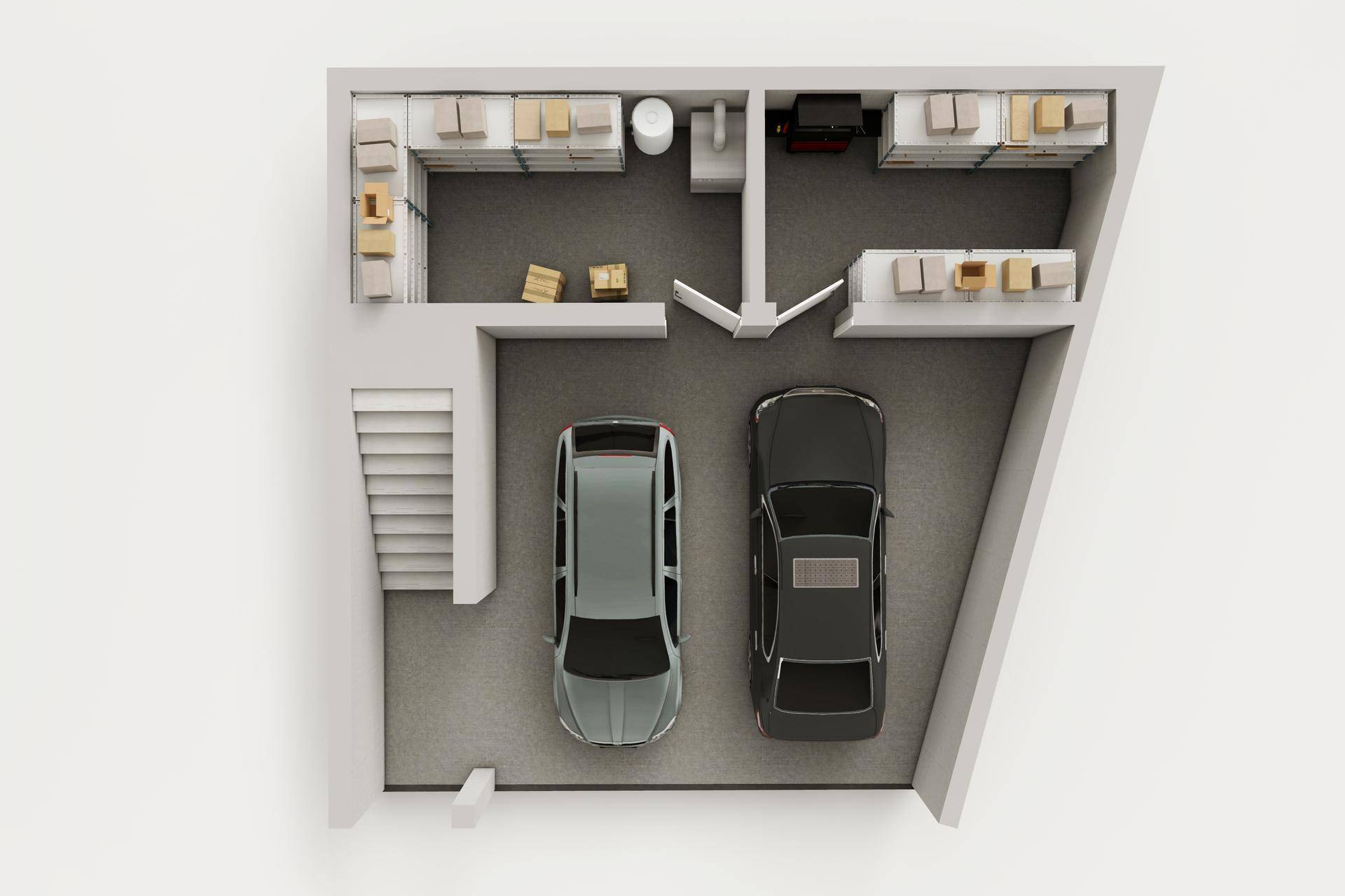 3D-Grundriss des Kellergeschosses von Haus 1 mit zwei Parkplätzen und Abstellräumen.