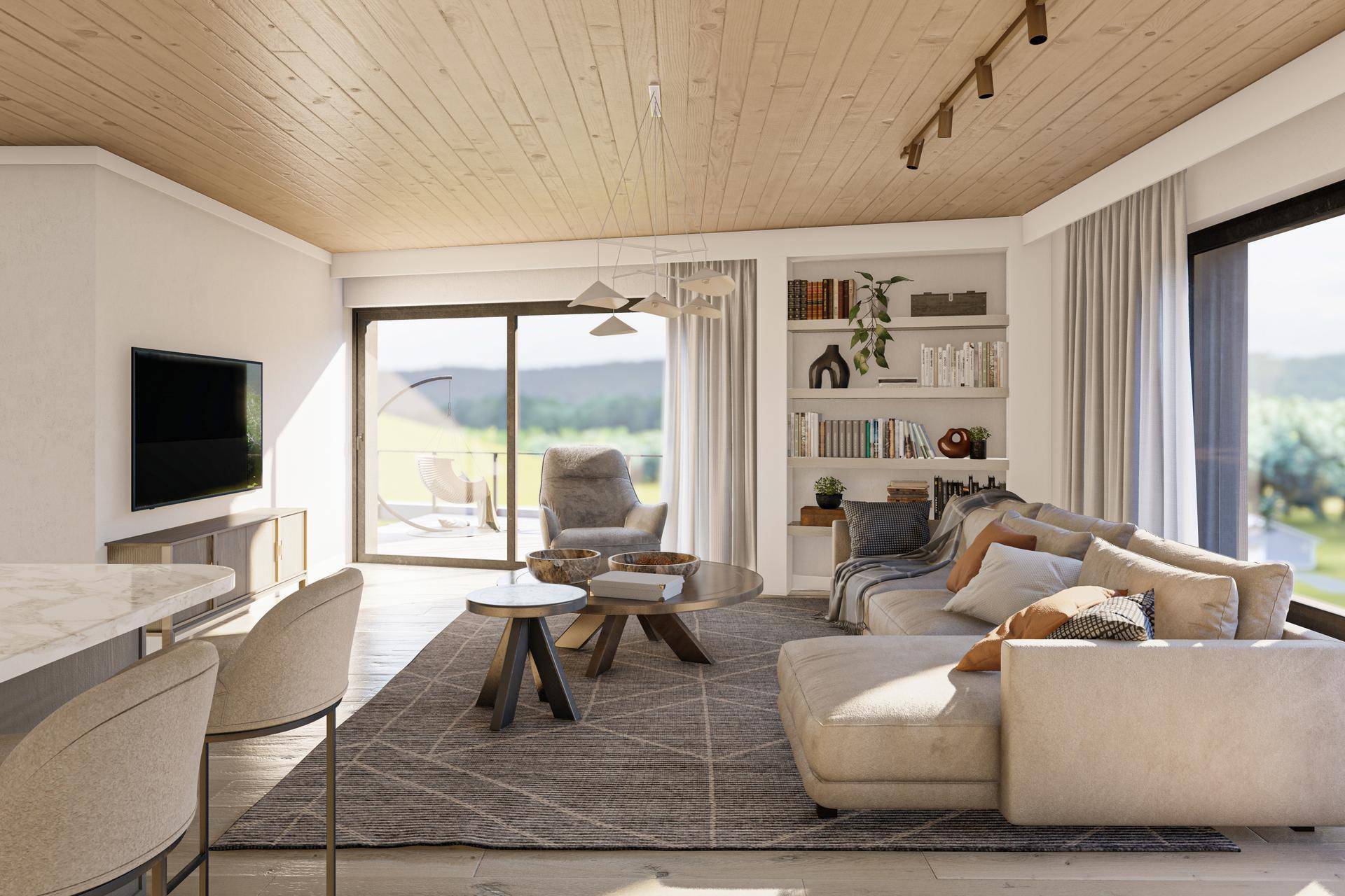 Geräumiges Wohnzimmer mit Holzbalkendecke, großen Fenstern und Zugang zur Terrasse.