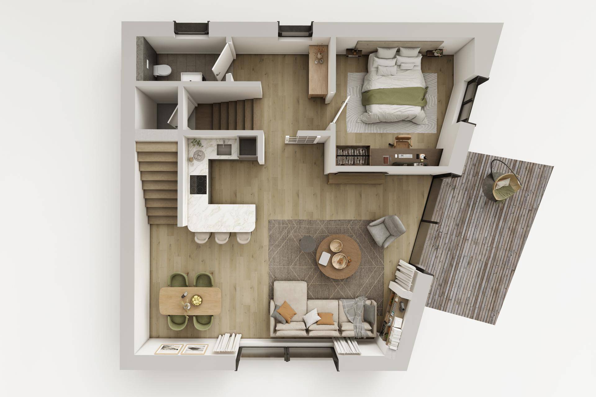 3D-Grundriss des Erdgeschosses von Haus 1 mit Wohnbereich, Küche und großer Terrasse.