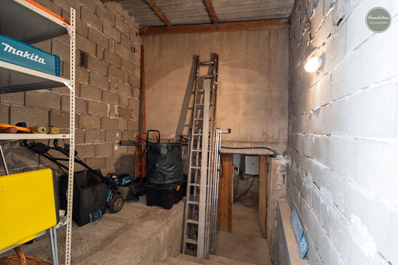 Unausgebauter Kellerbereich mit Betonwänden, Leiter und Stauraum für Gartengeräte.