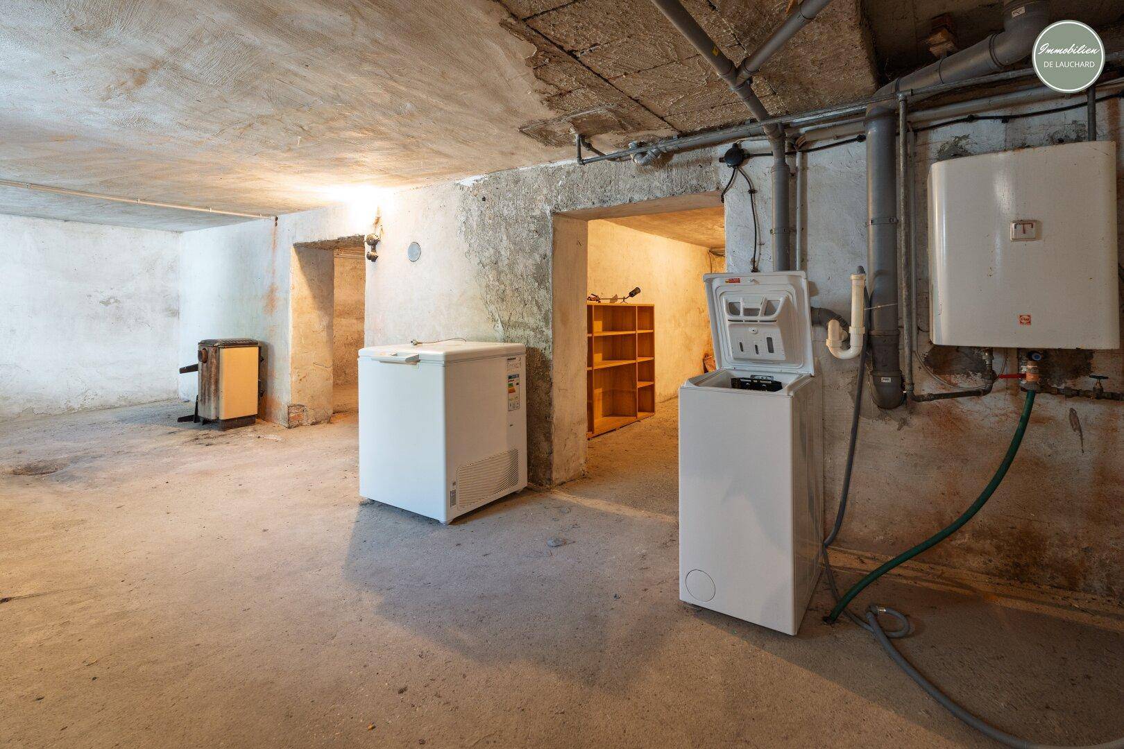 Kellerraum mit Waschmaschine, Gefrierschrank und sichtbaren Installationen, als Hauswirtschaftsraum nutzbar.