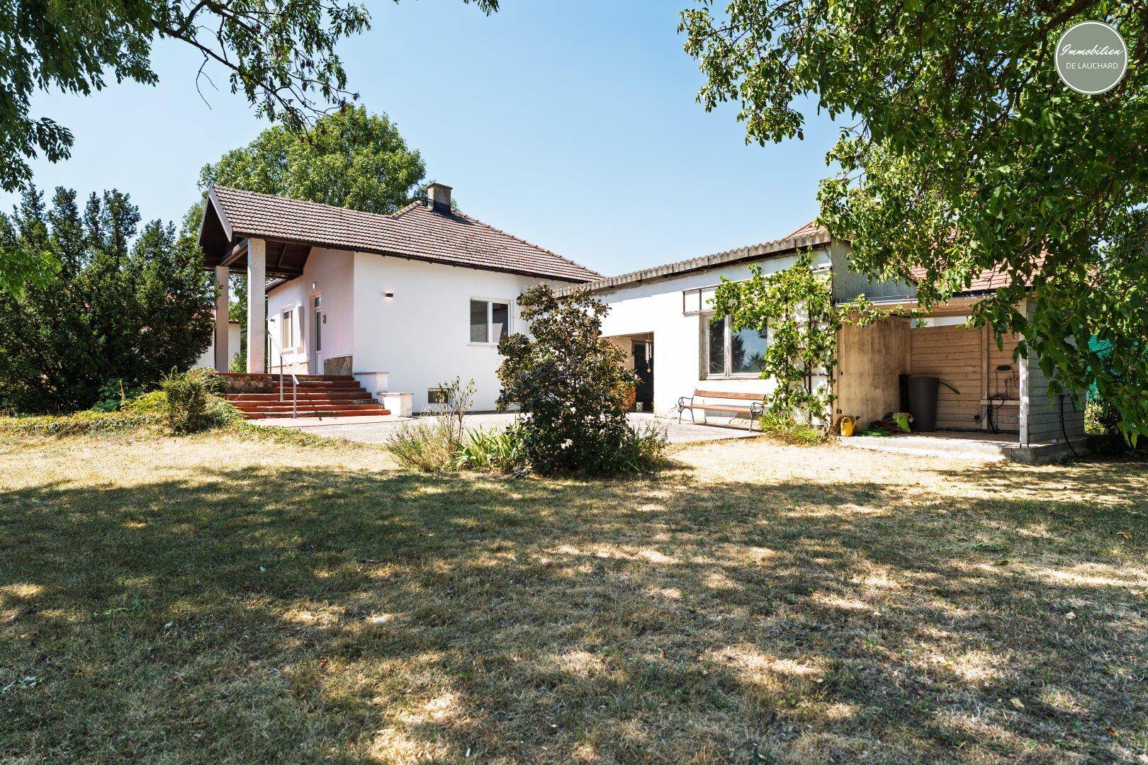 Rückseite des Hauses mit weitläufigem Gartenbereich und schattenspendenden Bäumen an einem sonnigen Tag.