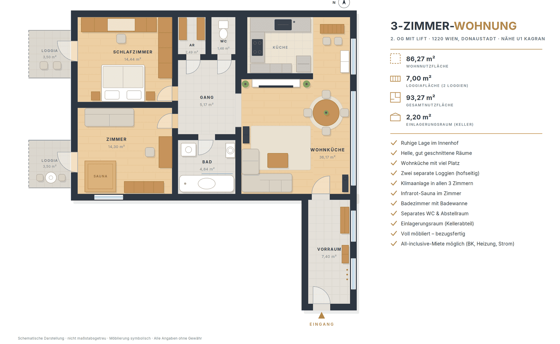 Grundriss einer 3-Zimmer-Wohnung im 2. Obergeschoss mit zwei Loggien, einer Wohnküche und einer Sauna.