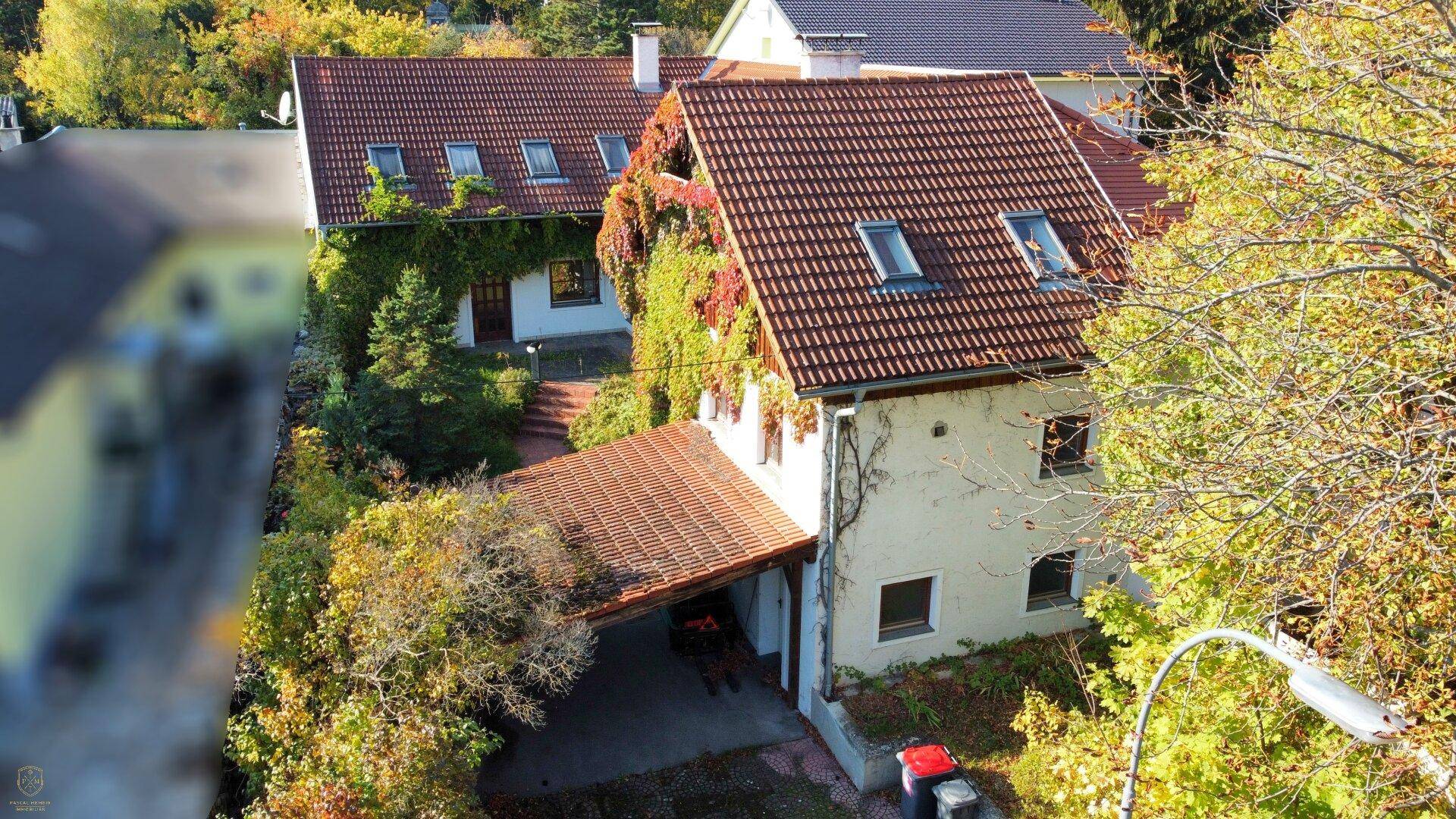 Luftaufnahme des Hauses mit umliegenden Bäumen in herbstlicher Farbenpracht.