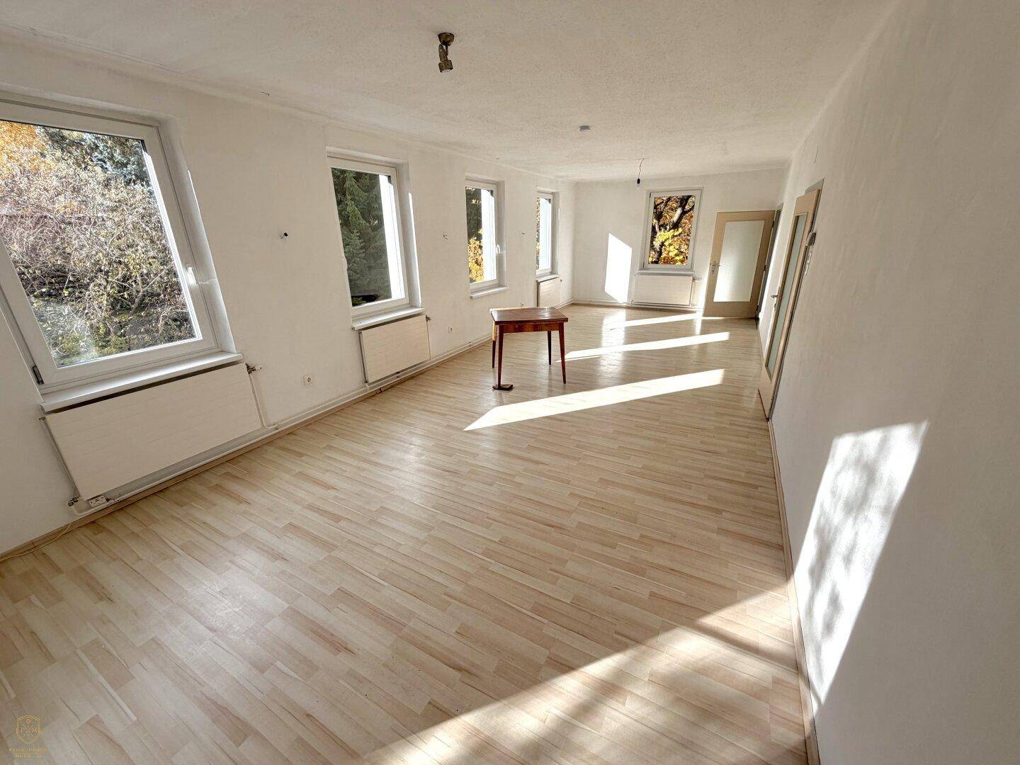 Geräumiger Wohnbereich mit hellem Holzboden und mehreren Fenstern, die viel Sonnenlicht hereinlassen.