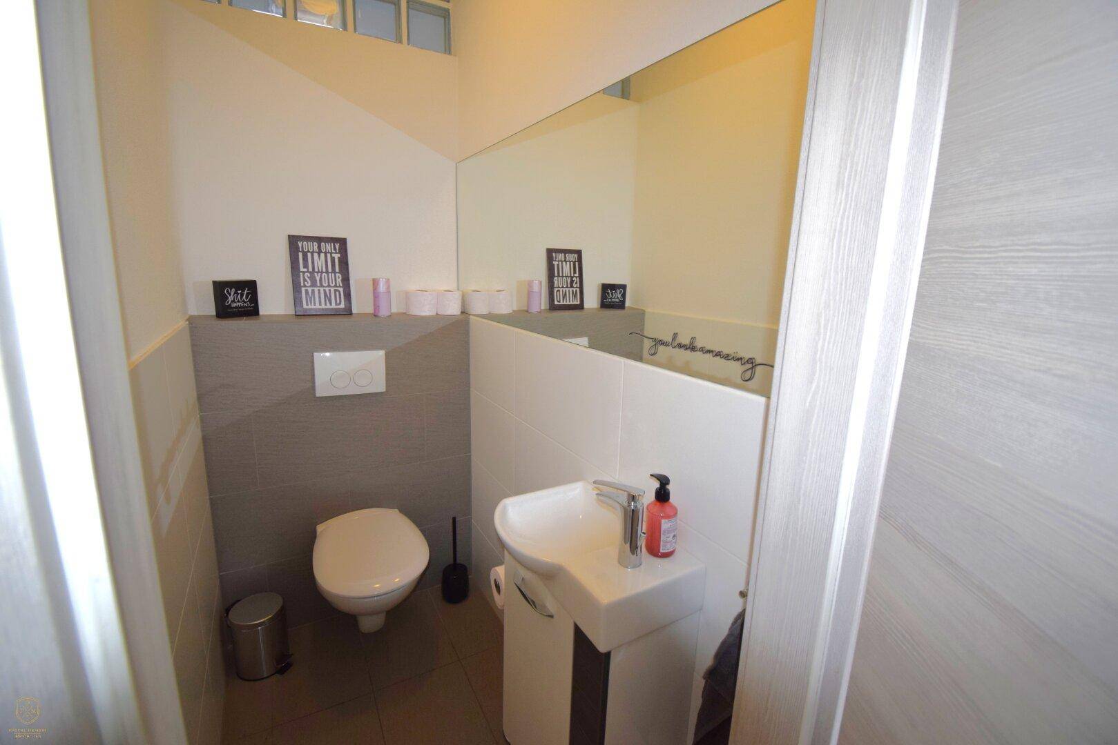Modernes Gäste-WC mit wandhängendem WC, kleinem Waschbecken und großem Spiegel.