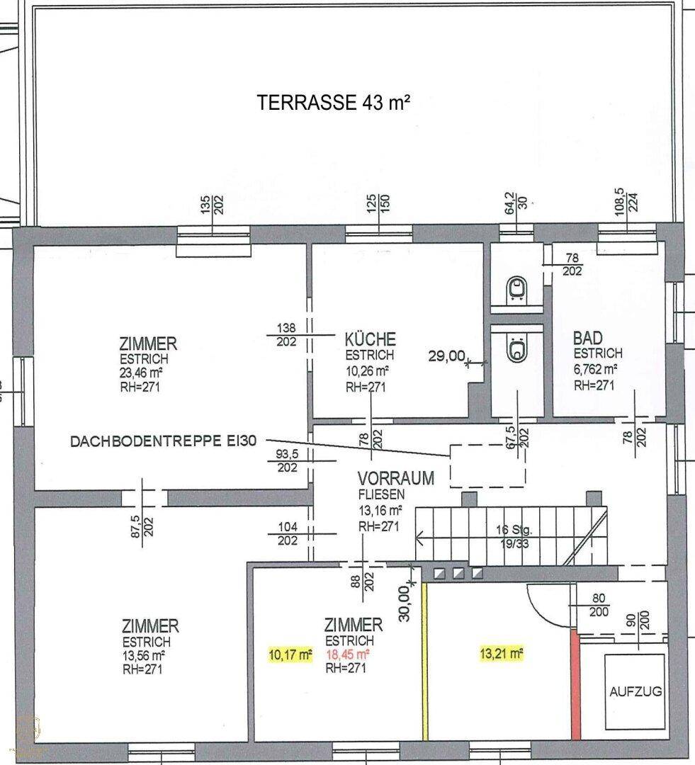 Grundrissplan eines Obergeschosses mit Terrasse, Küche, Bad und mehreren Zimmern.