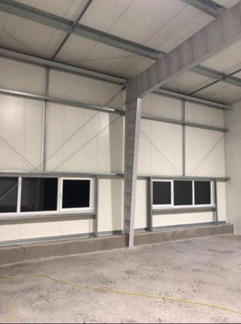 Geräumiger Innenraum einer Lagerhalle mit Betonboden, hohen Decken und großen Fenstern.