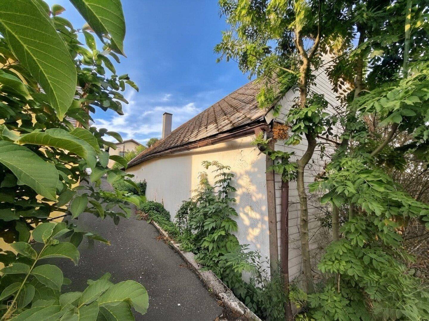 Seitenansicht eines Gebäudes mit weißer Fassade und dunklem Dach, umgeben von dichtem Grün bei Sonnenuntergang.