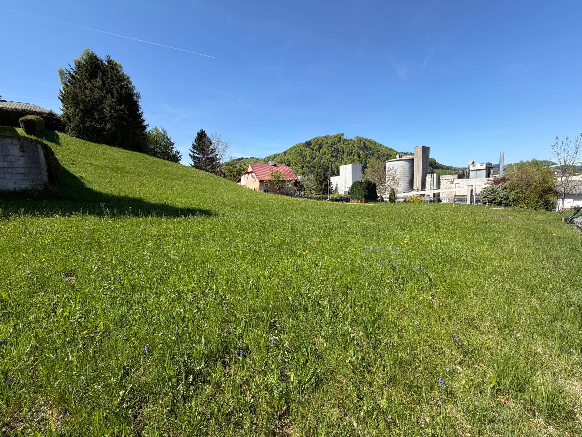Weitläufiges grünes Grundstück mit Blick auf Industriegebäude und bewaldete Hügel unter klarem Himmel.