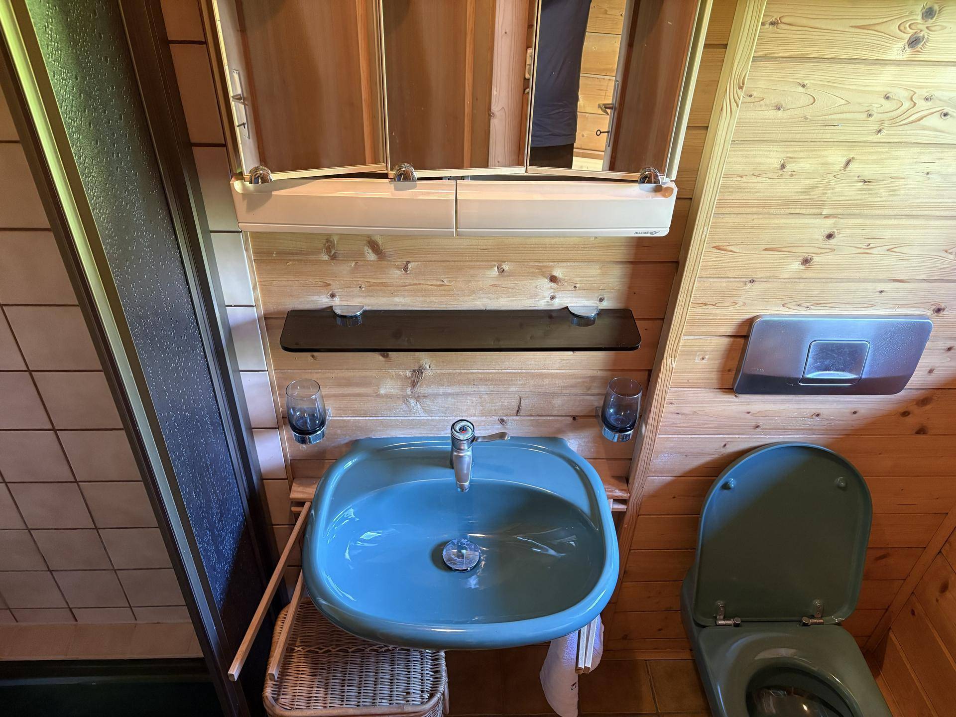 Kompaktes Badezimmer mit blauem Waschbecken, Toilette und Spiegelschrank an Holzwand.