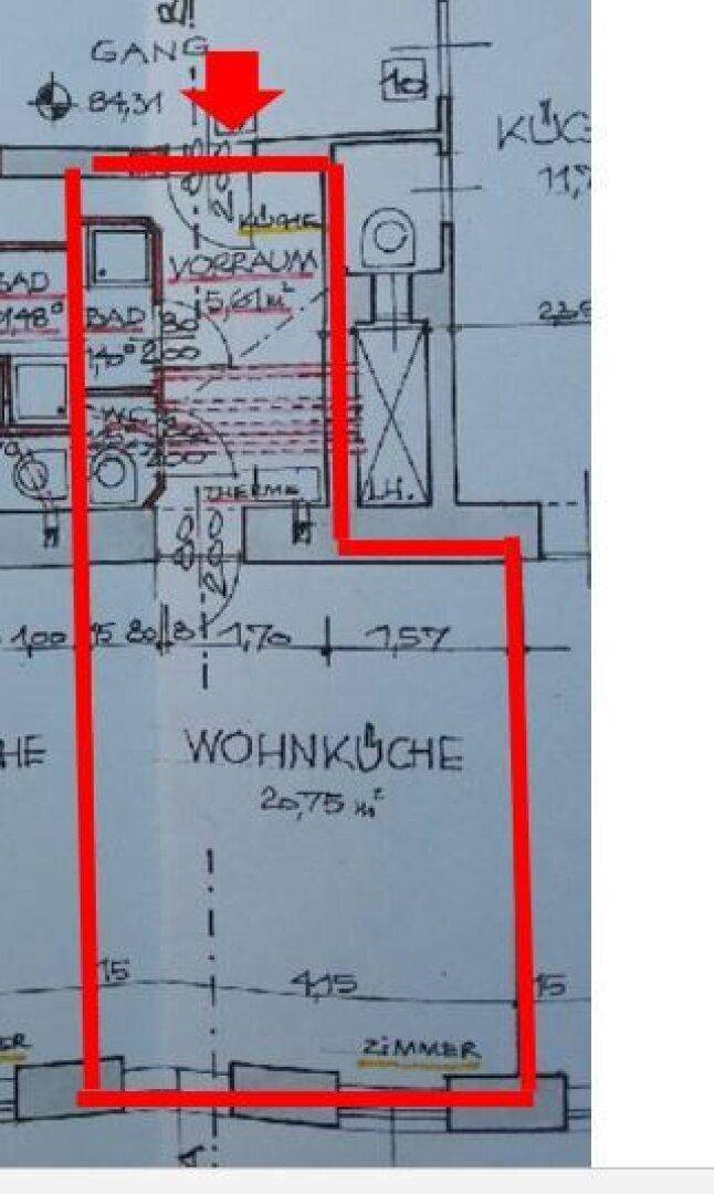 Grundriss mit offener Wohnküche, Bad und separatem WC.