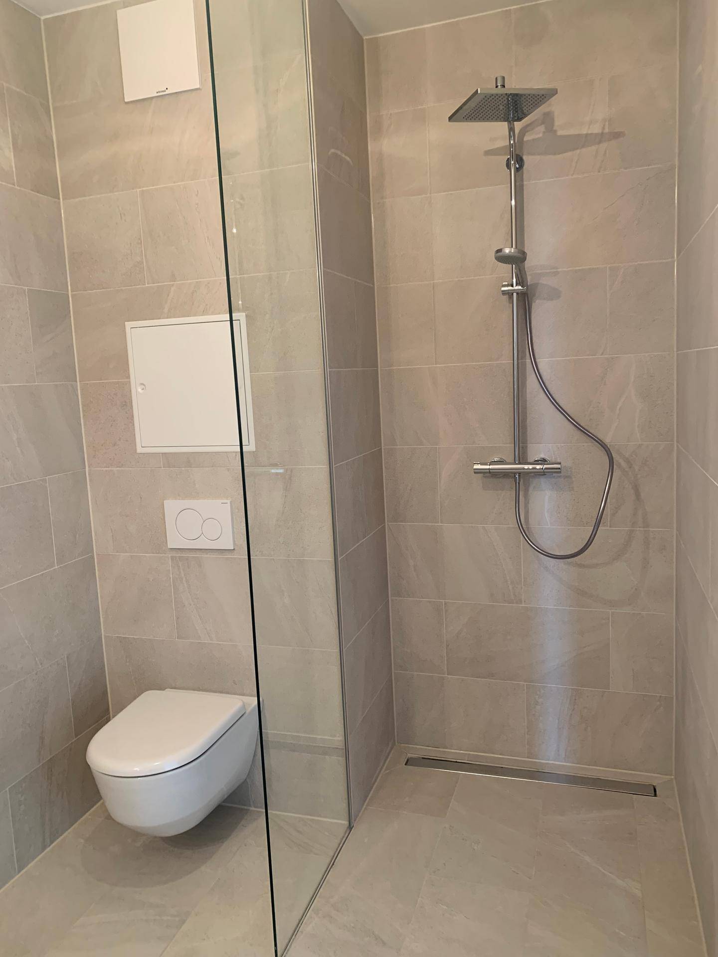Begehbare Dusche mit Regenduschkopf und wandhängender Toilette in modernem Bad.
