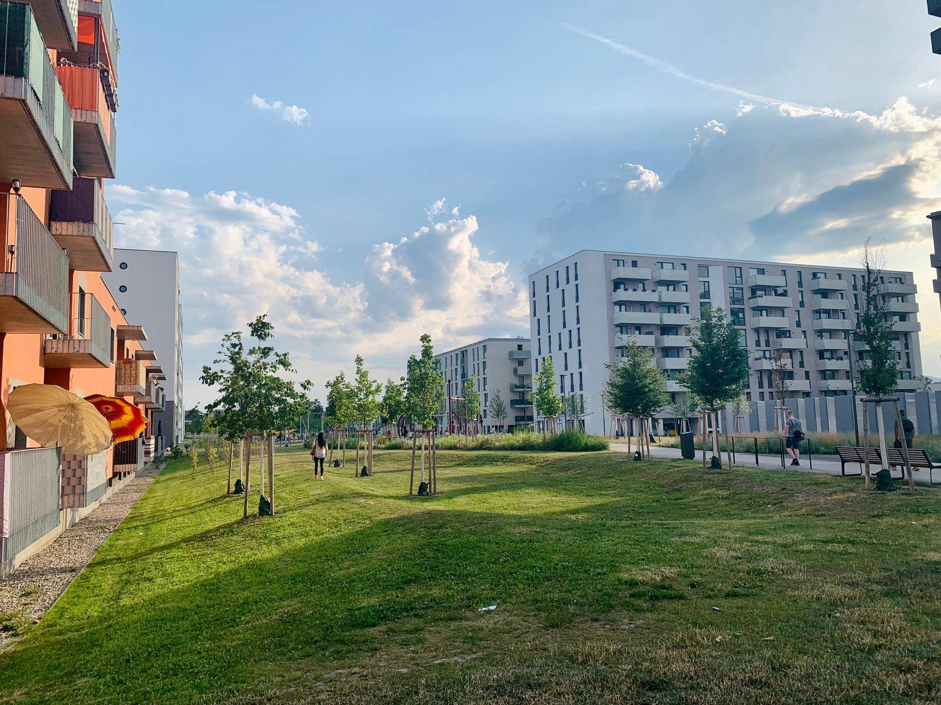 Grüne Parkanlage zwischen modernen Wohngebäuden mit Bäumen und Spazierwegen.
