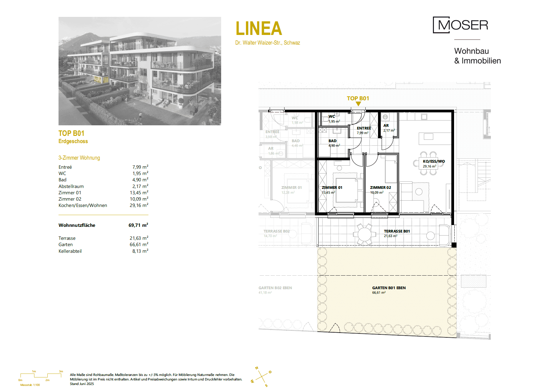 Grundriss einer 3-Zimmer-Wohnung im Erdgeschoss mit Terrasse und Garten.