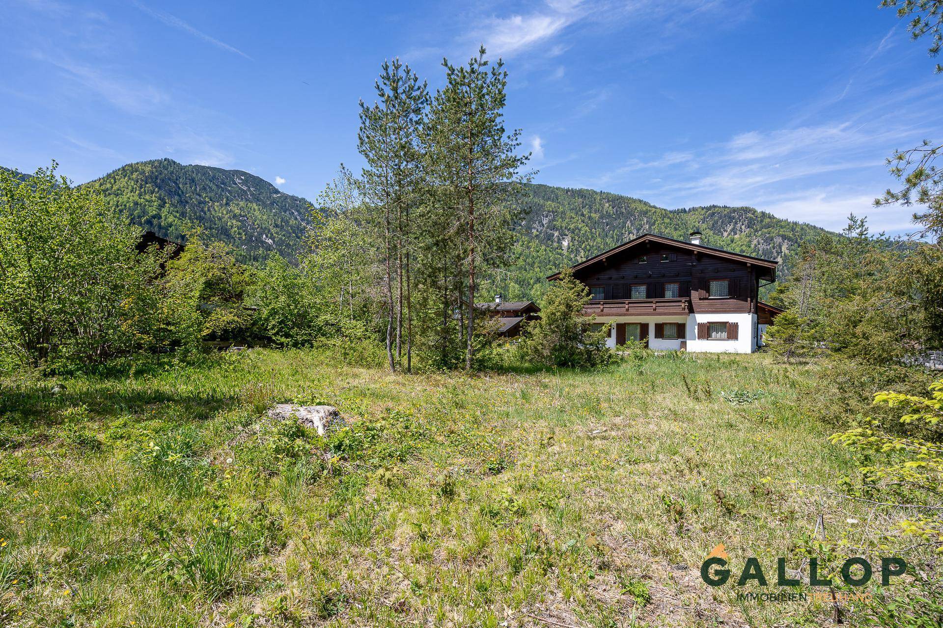 Weitläufige Rasenfläche des Grundstücks mit dem Haus im Hintergrund und Bergblick.