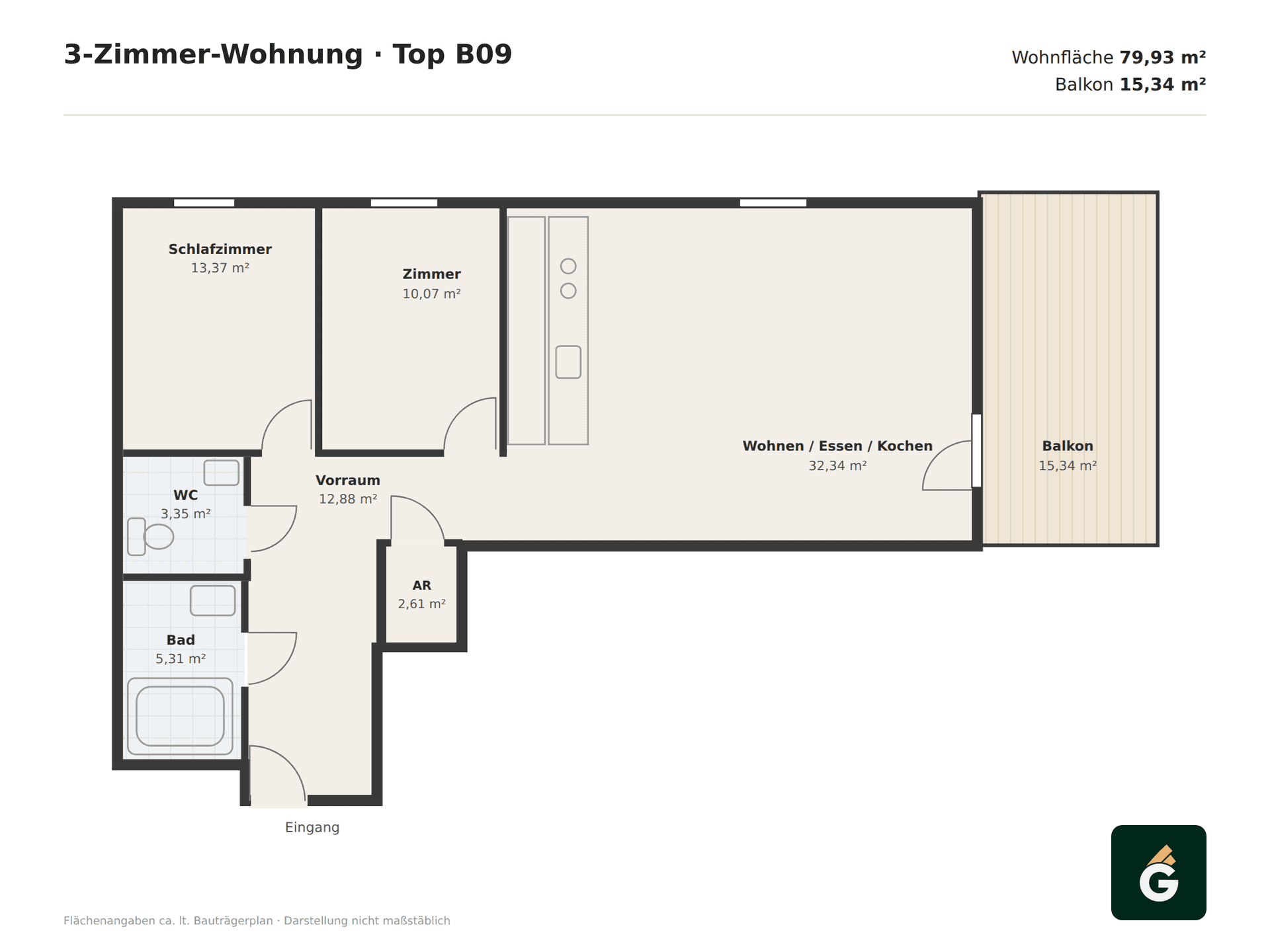 Grundriss einer 3-Zimmer-Wohnung mit Balkon und offenem Wohn-/Ess-/Kochbereich.