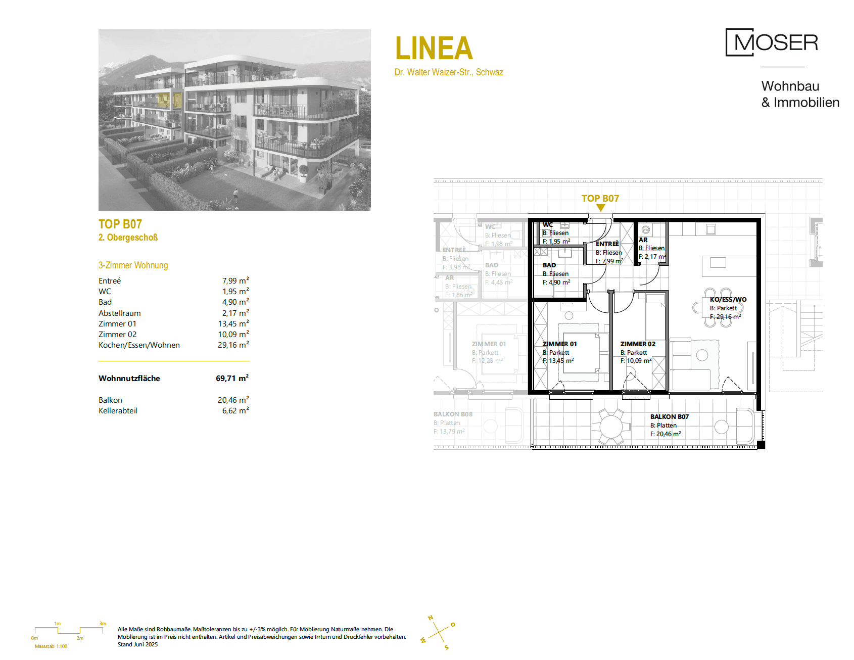 Grundriss einer 3-Zimmer-Wohnung mit offenem Wohnbereich, zwei Bädern und großem Balkon.