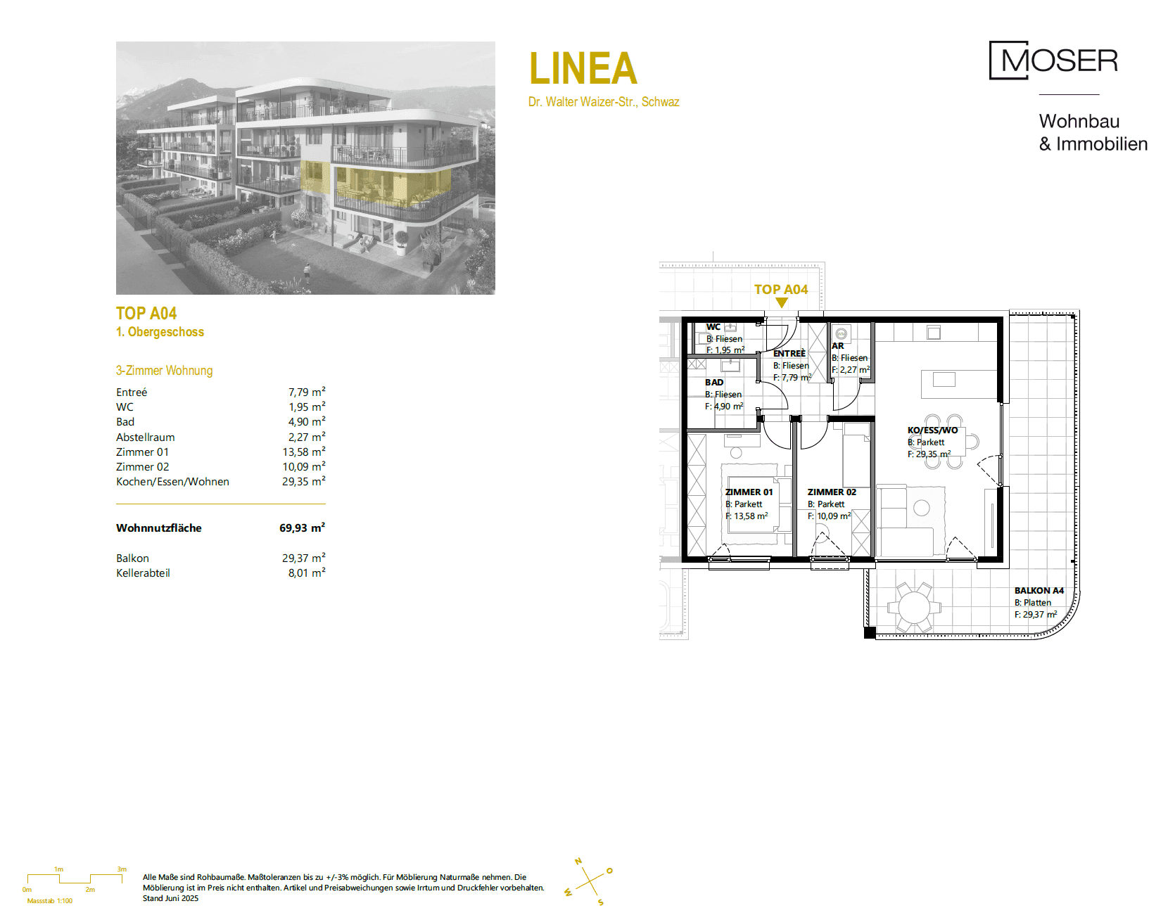 Grundriss einer 3-Zimmer-Wohnung im Obergeschoss mit offenem Wohnbereich, Bad, WC und großem Balkon.