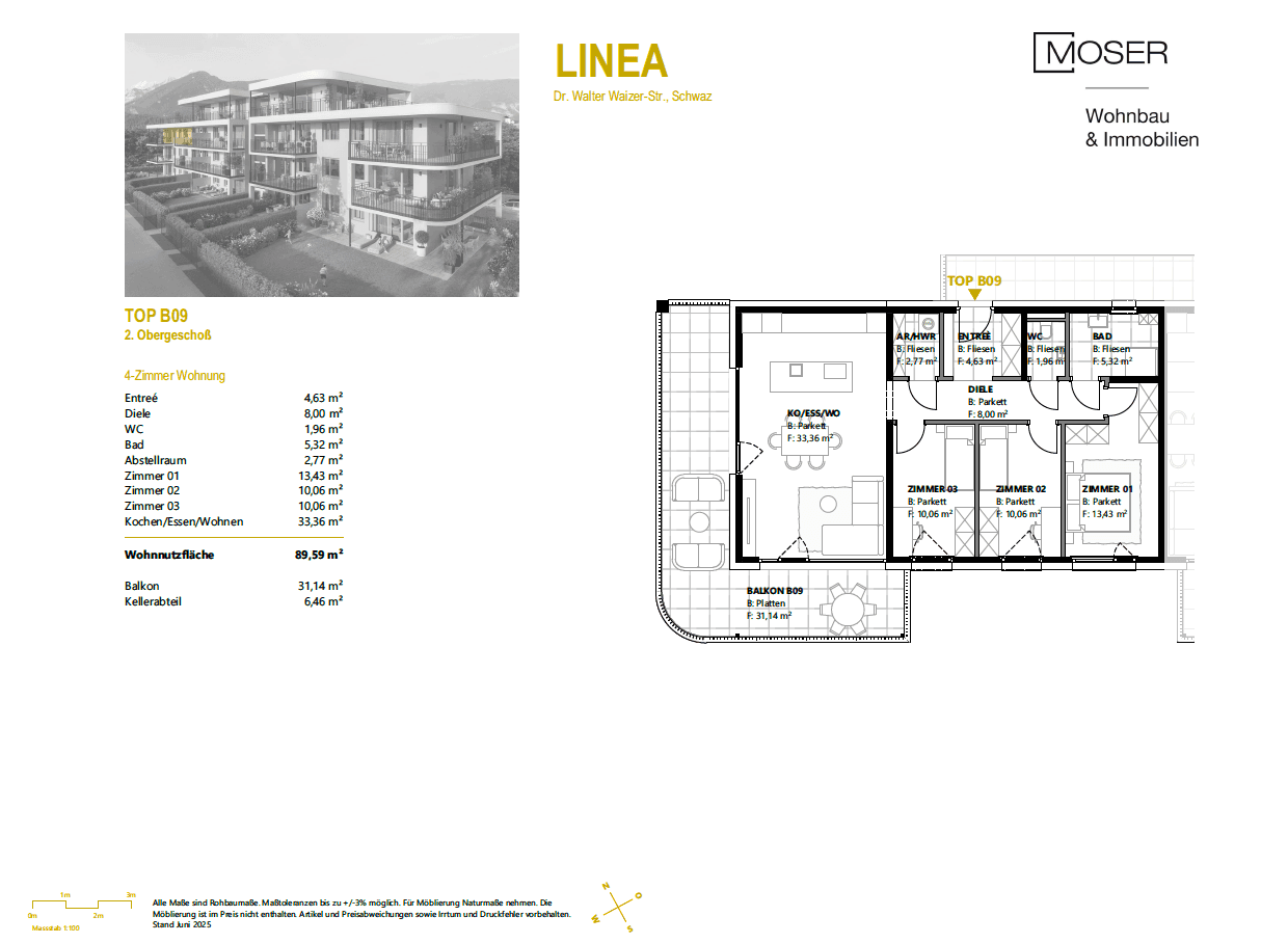 Detaillierter Grundriss einer 4-Zimmer-Wohnung mit offenem Wohnbereich, Balkon und Kellerabteil.
