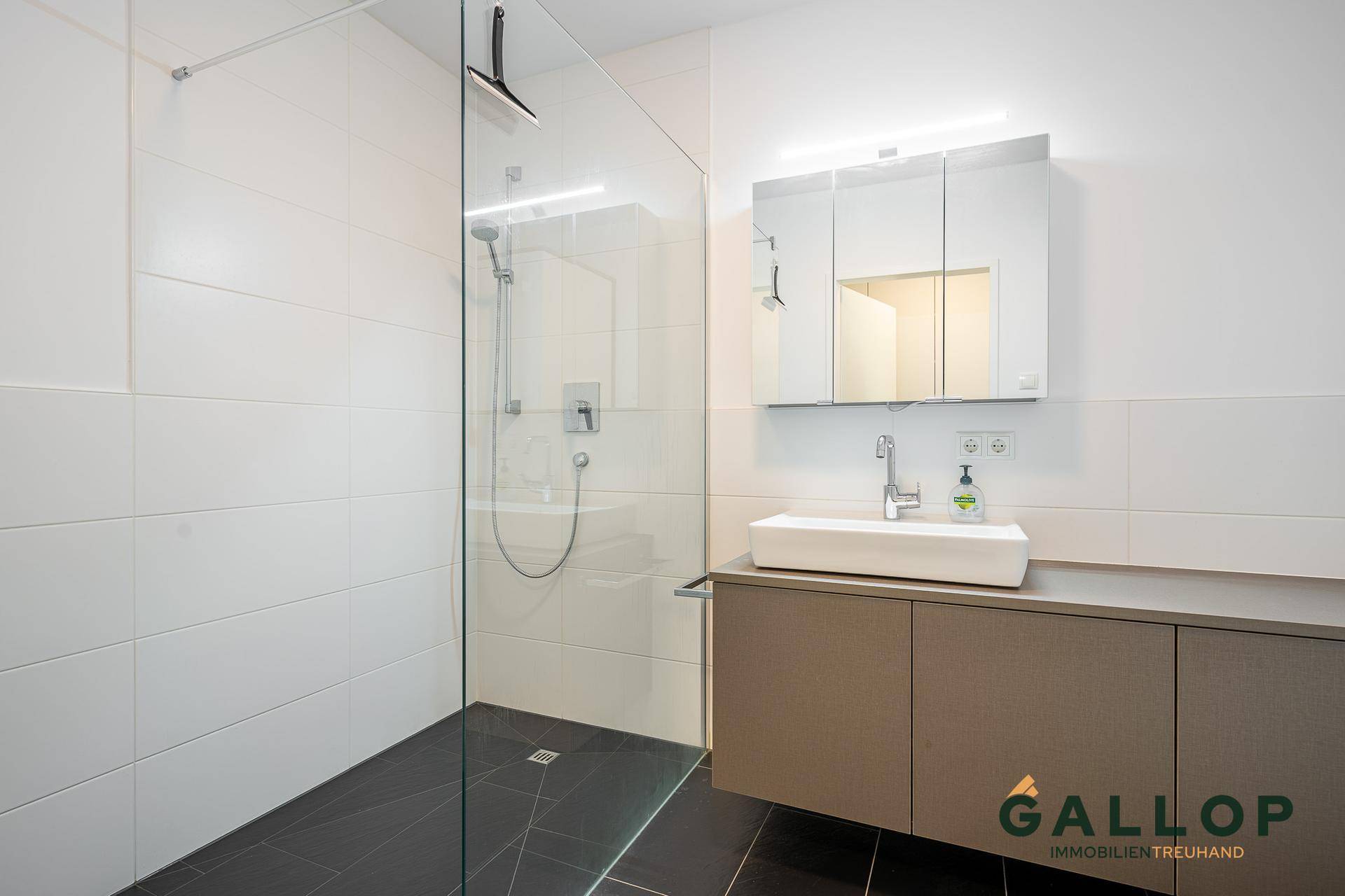 Modernes Badezimmer mit ebenerdiger Dusche, Waschbecken und Spiegelschrank.