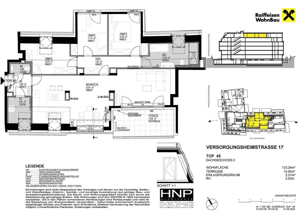 Grundriss der Dachgeschosswohnung TOP 45 mit Zimmeraufteilung und Terrassenzugang.