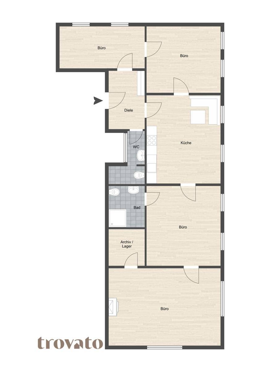 Grundriss einer Wohnung mit mehreren Büroräumen, Küche, Bad und separatem WC.