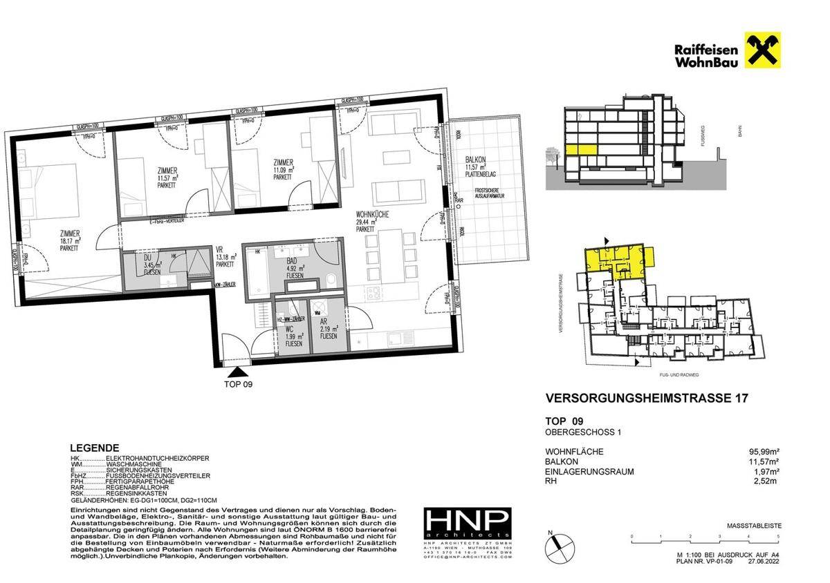 Detaillierter Grundriss der Wohnung TOP 09 im Obergeschoss mit Balkon und klarer Raumaufteilung.