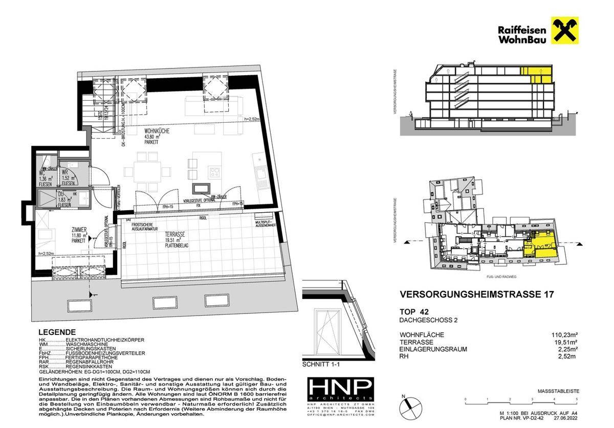 Grundriss der Dachgeschosswohnung Top 42 mit Terrasse und detaillierten Flächenangaben.
