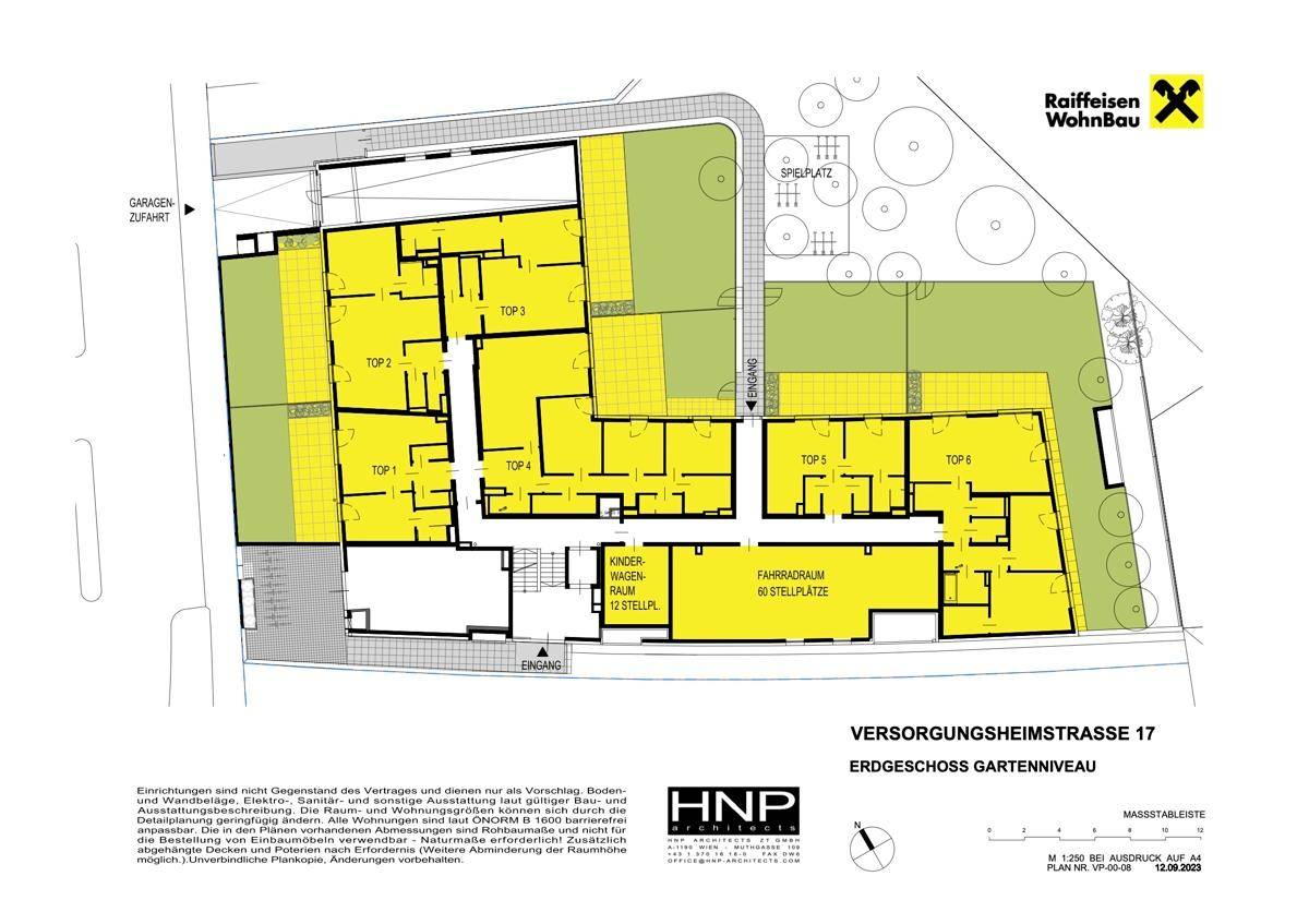 Grundriss des Erdgeschosses mit mehreren Wohneinheiten und Zugang zum Garten.