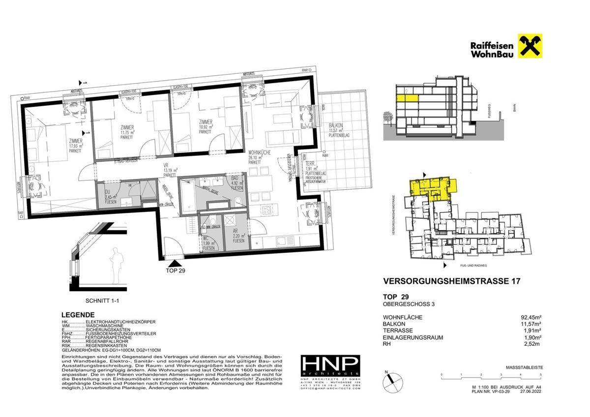 Detaillierter Grundriss der Wohnung TOP 29 im Obergeschoss mit Balkon und Terrasse.