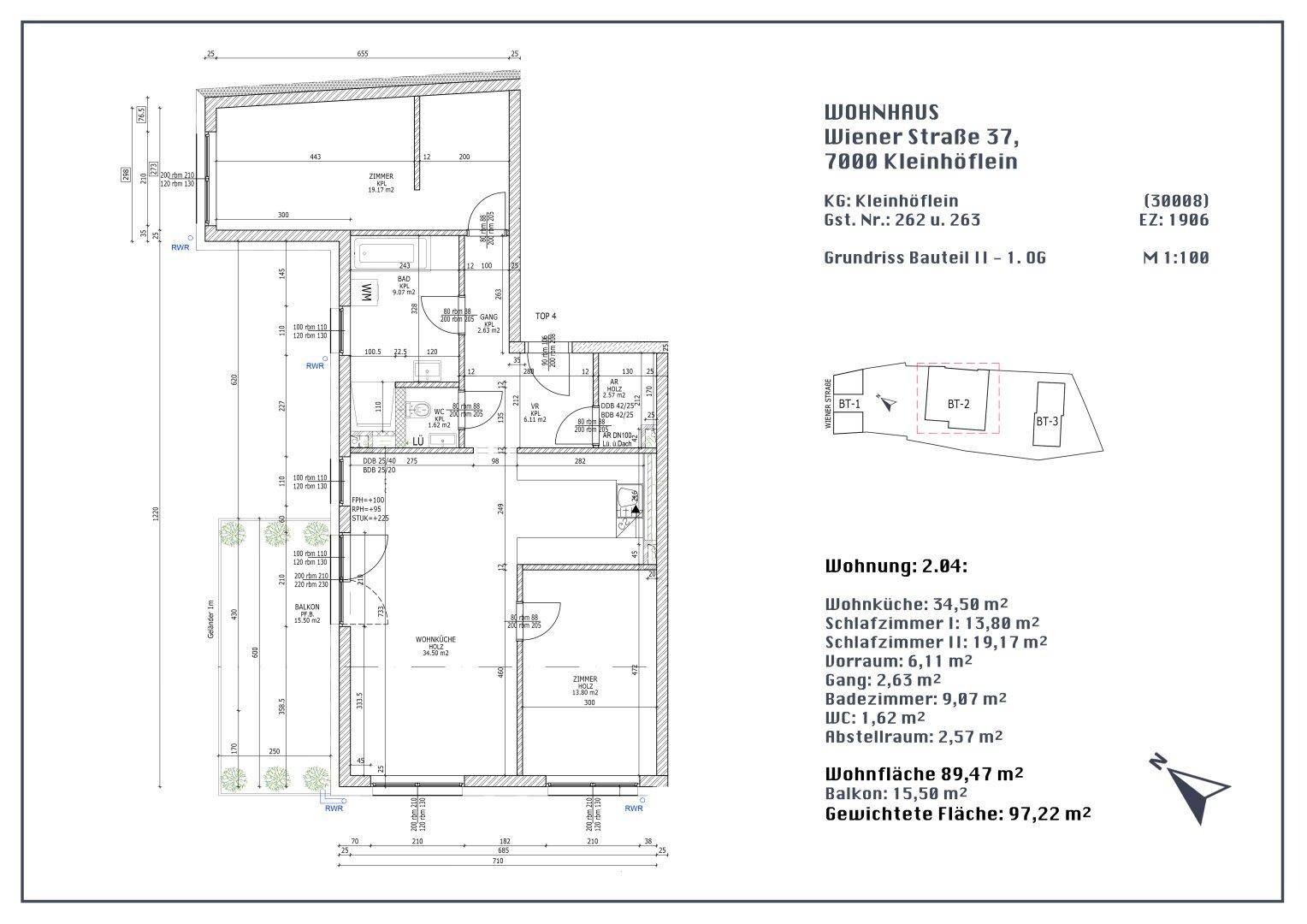 Grundrissplan einer Wohnung mit zwei Schlafzimmern, einem Badezimmer, separatem WC und Balkon.