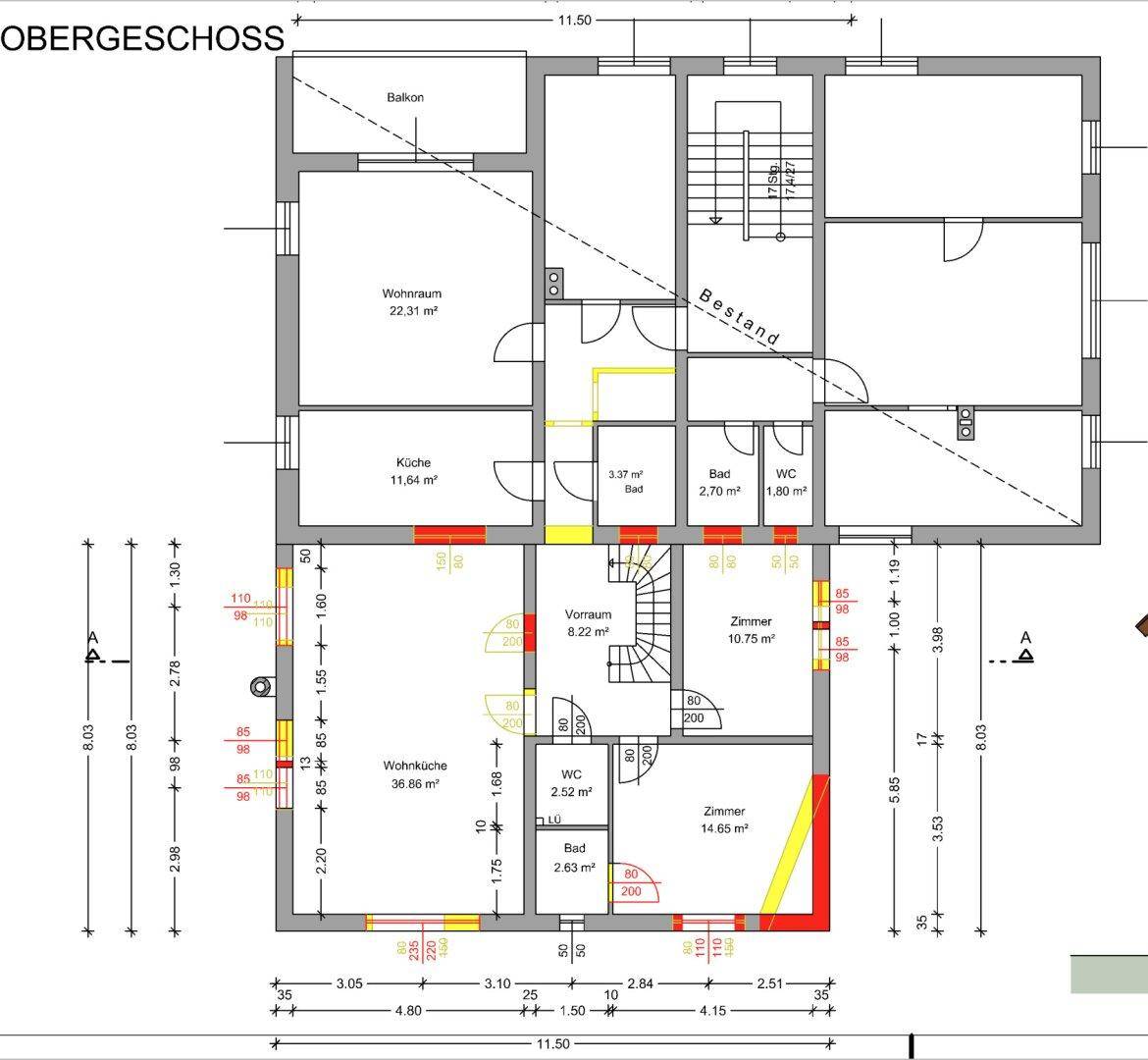Grundriss des Obergeschosses mit Wohnraum, Küche und mehreren Zimmern.