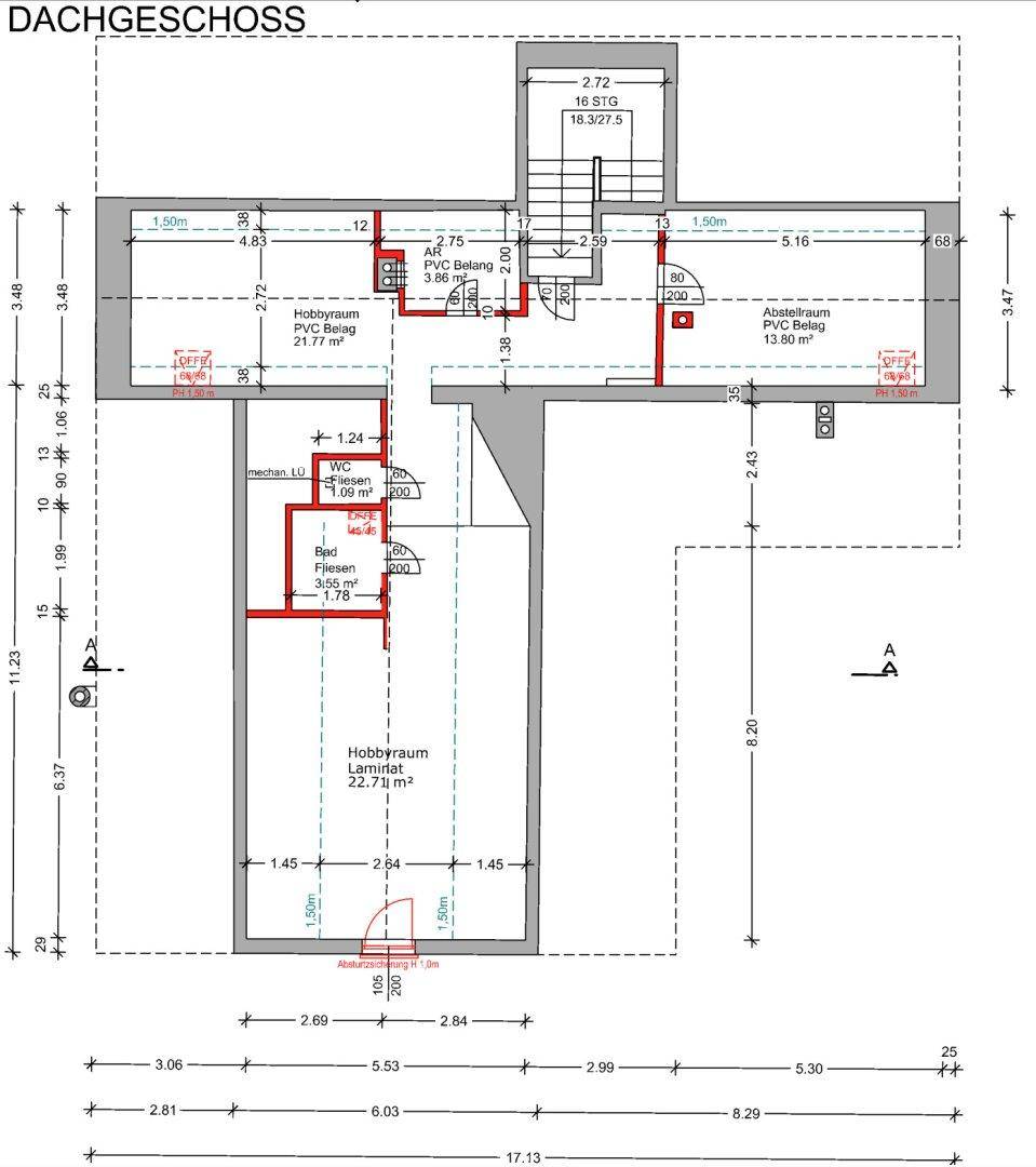 Grundriss des Dachgeschosses mit Hobbyräumen und Abstellflächen.