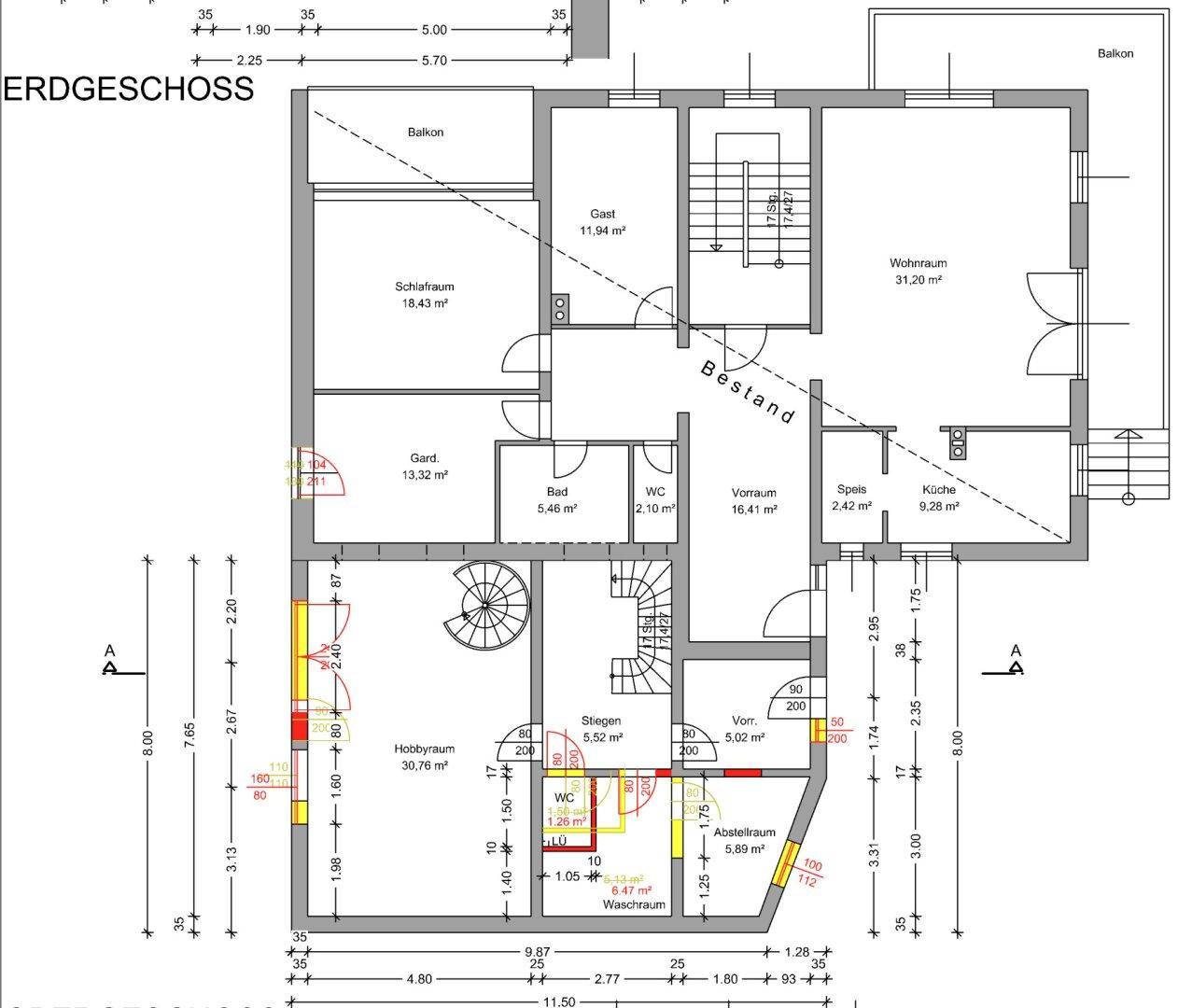 Grundriss des Erdgeschosses mit Wohnraum, Schlafzimmer und Hobbyraum.