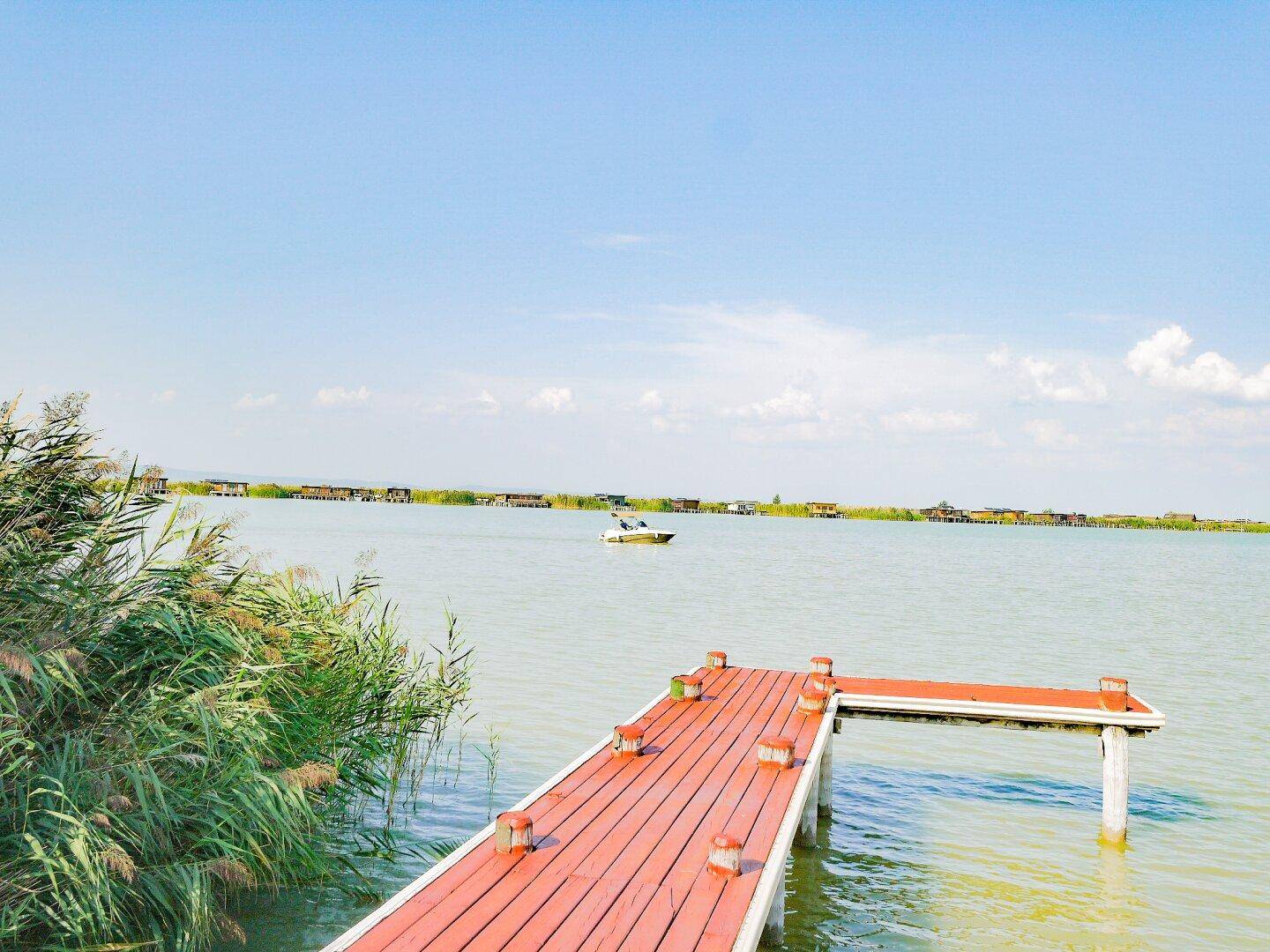 Roter Holzsteg führt in den See, umgeben von Schilf und einem weiten Horizont.