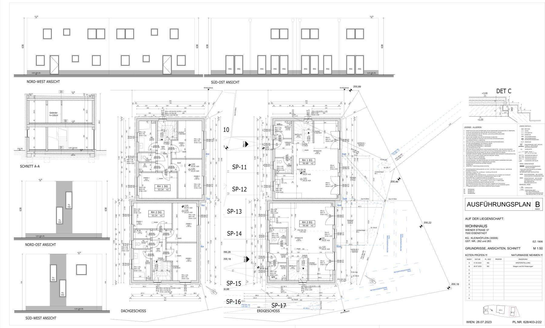 Detaillierter Ausführungsplan mit Ansichten und Grundrissen für Erd- und Dachgeschoss.