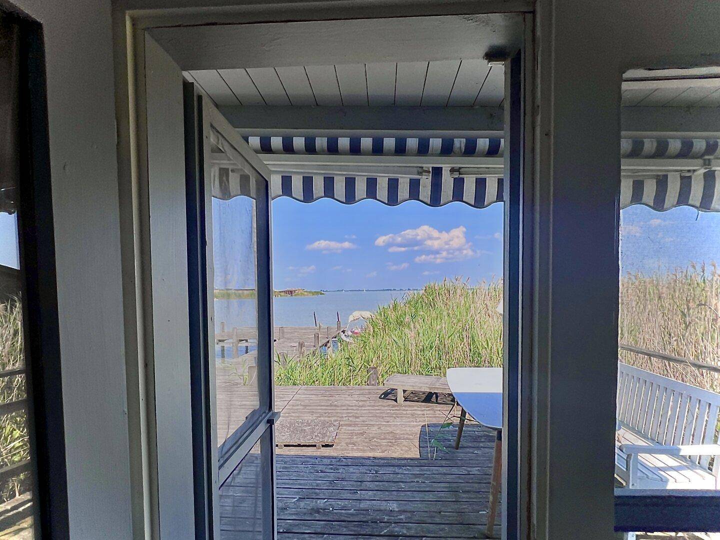 Blick aus dem Innenraum auf die Holzterrasse und den See, umrahmt von Schilf unter blauem Himmel.