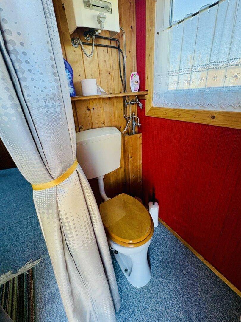 Badezimmer mit Toilette, Duschvorhang und auffälliger roter Wandgestaltung.